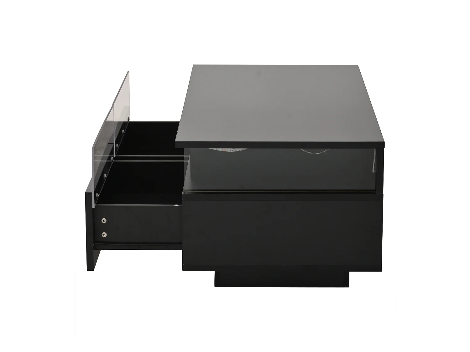 Table basse noire avec 2 tiroirs, éclairage LED et plateau amovible 90x45x35,5cm