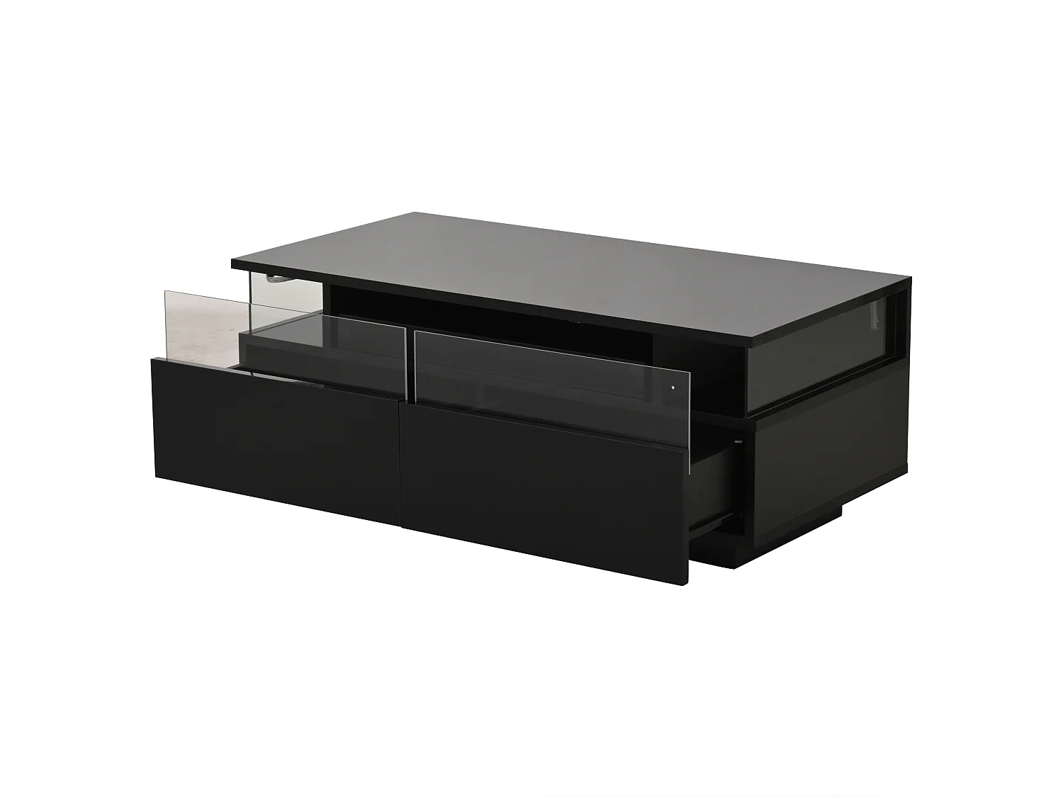 Table basse noire avec 2 tiroirs, éclairage LED et plateau amovible 90x45x35,5cm