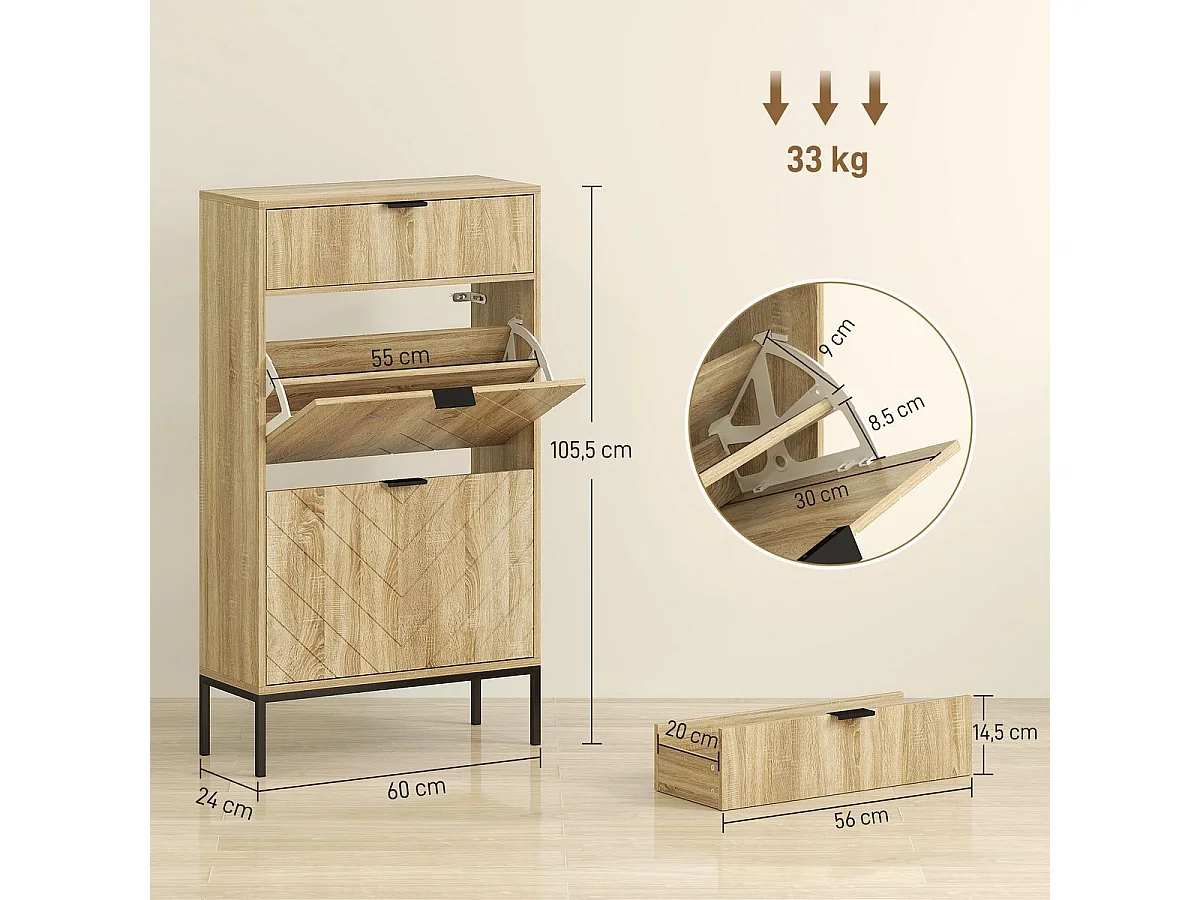 Zapatero Selena 1 cajón + 2 puertas abatibles roble 105,5x60x24 cm