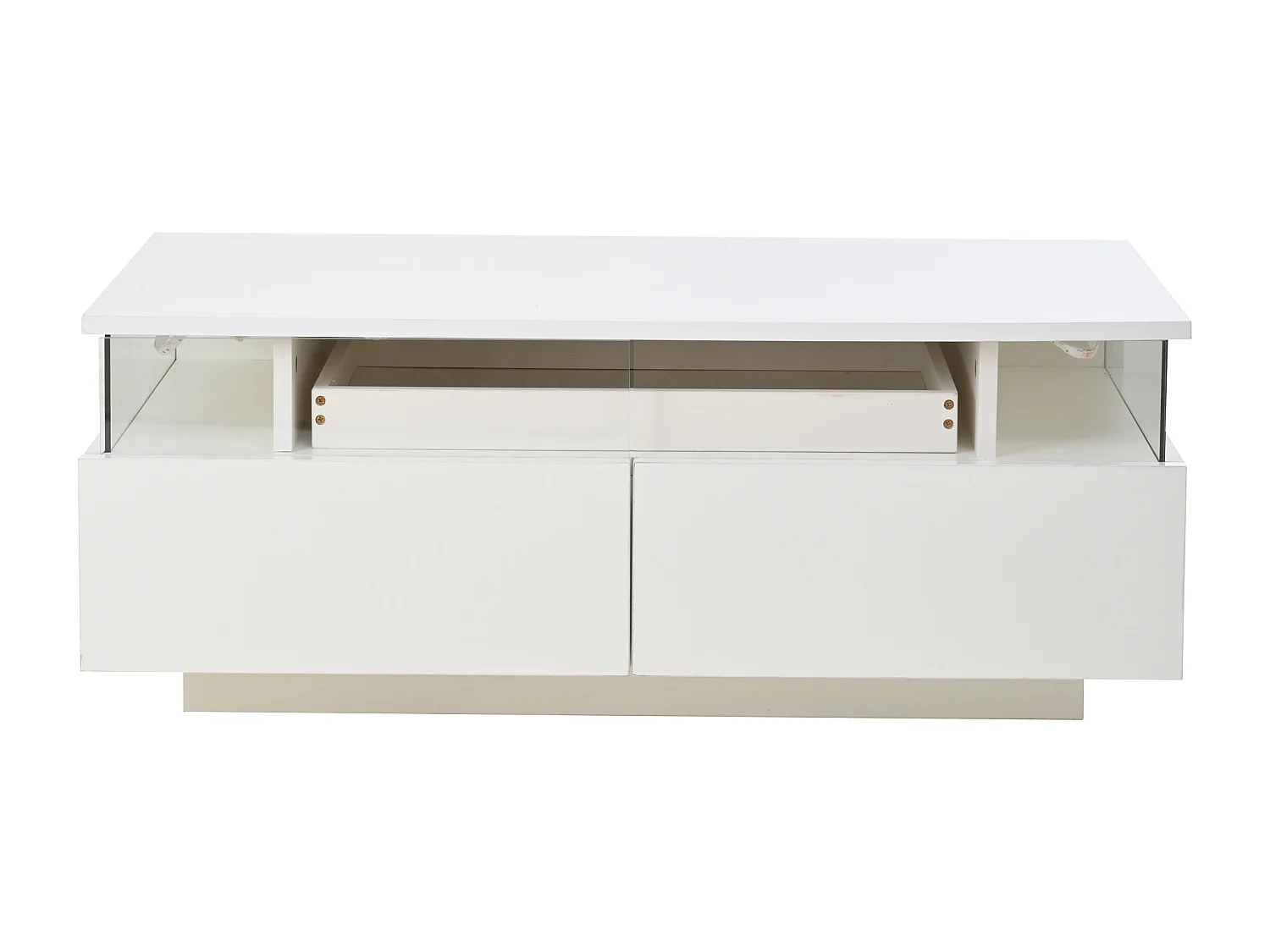 Table basse blanche avec 2 tiroirs, éclairage LED et plateau amovible 90x45x35,5cm