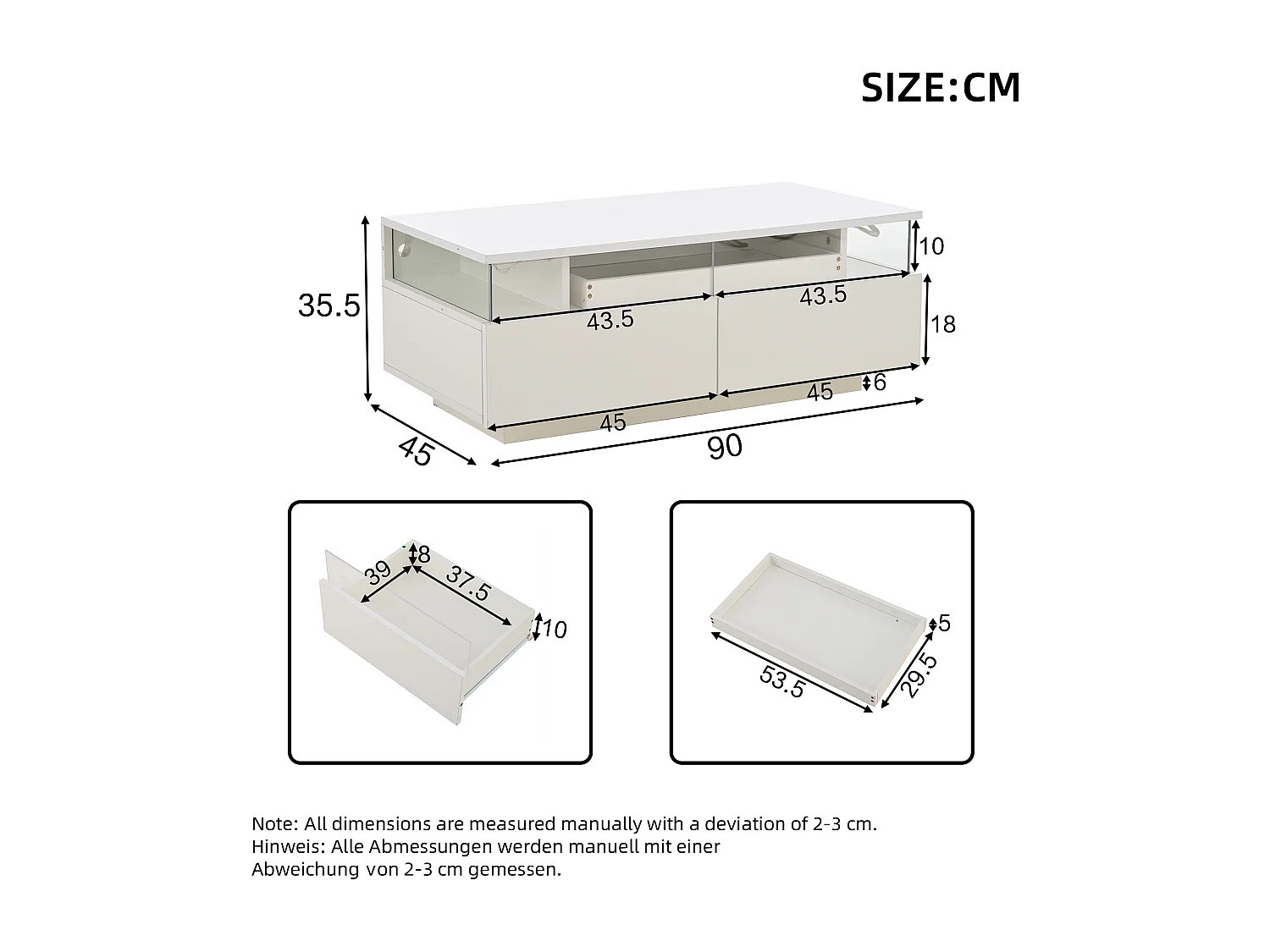 Table basse blanche avec 2 tiroirs, éclairage LED et plateau amovible 90x45x35,5cm