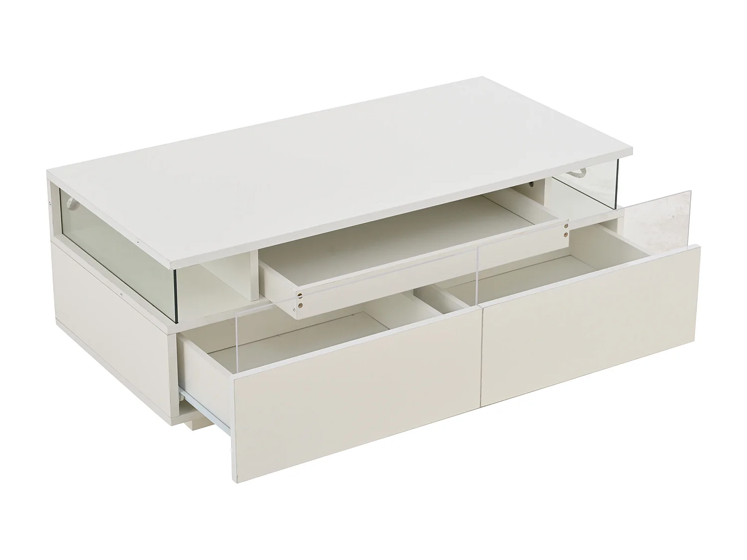 Table basse blanche avec 2 tiroirs, éclairage LED et plateau amovible 90x45x35,5cm