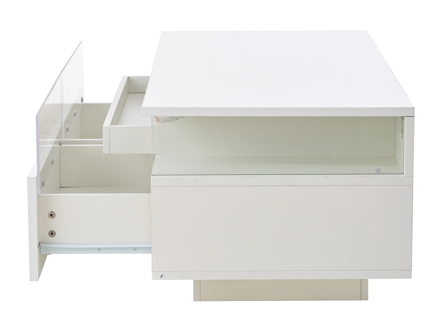 Table basse blanche avec 2 tiroirs, éclairage LED et plateau amovible 90x45x35,5cm