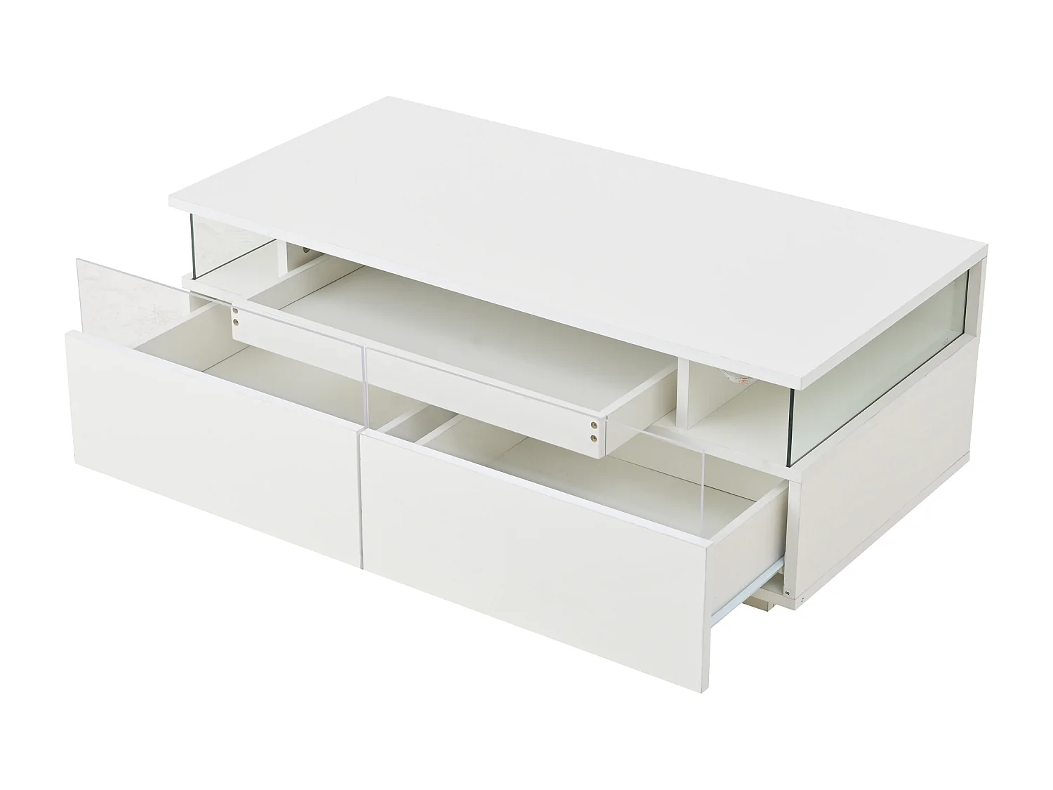Table basse blanche avec 2 tiroirs, éclairage LED et plateau amovible 90x45x35,5cm