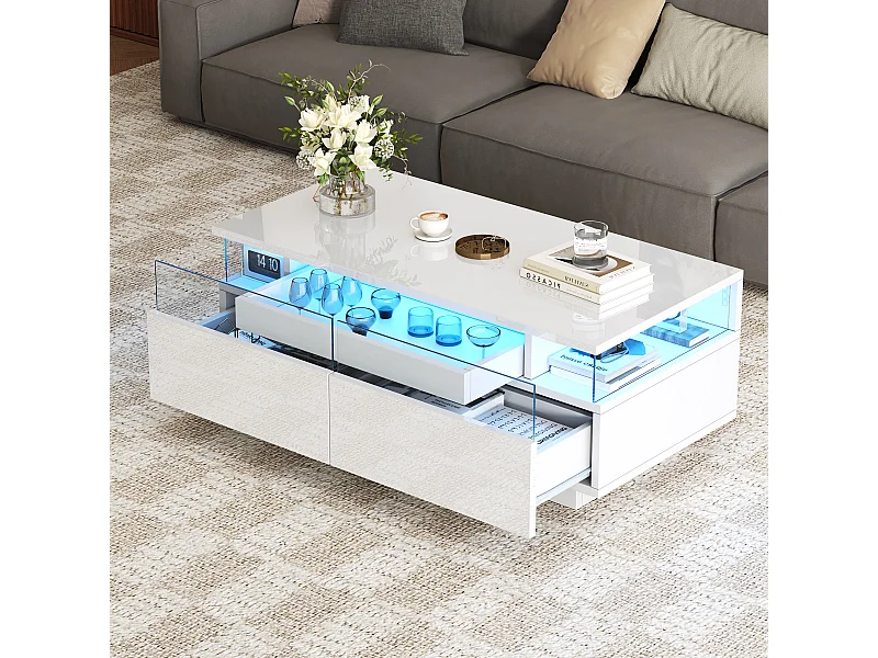 Table basse blanche avec 2 tiroirs, éclairage LED et plateau amovible 90x45x35,5cm