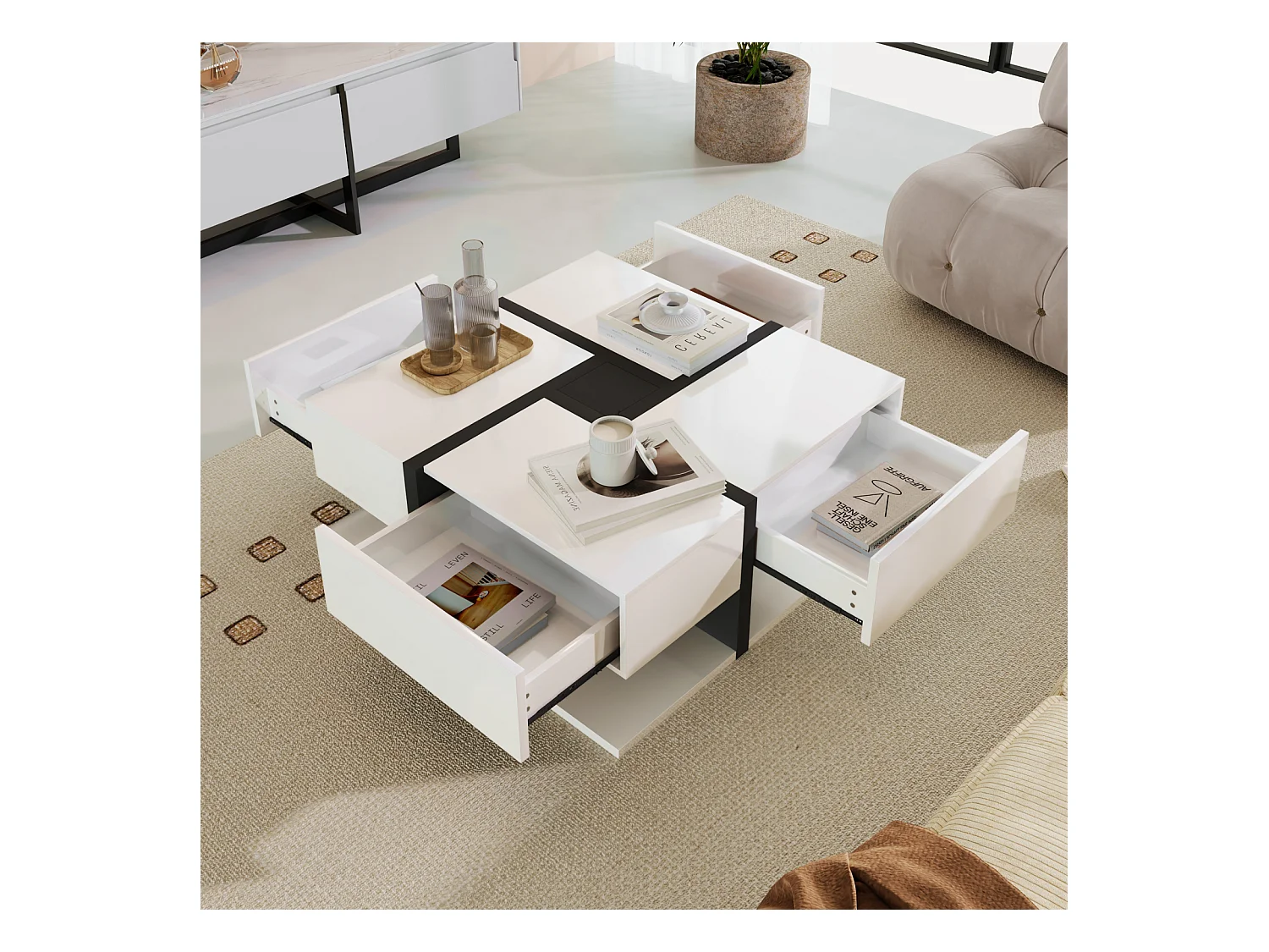 Mesa de centro brilhante com 4 gavetas, coordenação de cores exclusiva e design linear, espaço de armazenamento embaixo, 78 x 78 x 36 cm