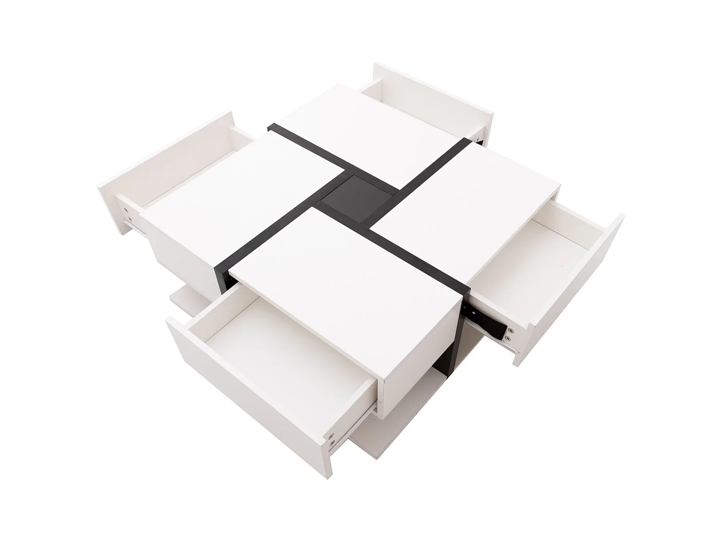 Mesa de centro brilhante com 4 gavetas, coordenação de cores exclusiva e design linear, espaço de armazenamento embaixo, 78 x 78 x 36 cm