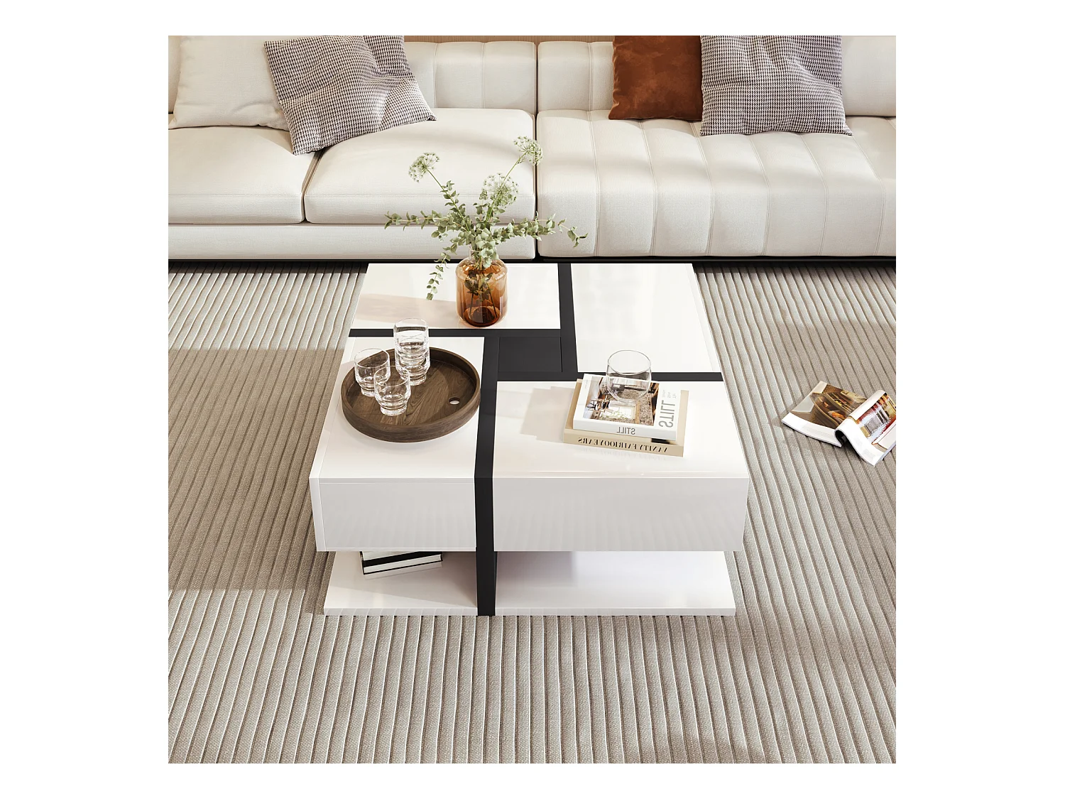 Mesa de centro brilhante com 4 gavetas, coordenação de cores exclusiva e design linear, espaço de armazenamento embaixo, 78 x 78 x 36 cm