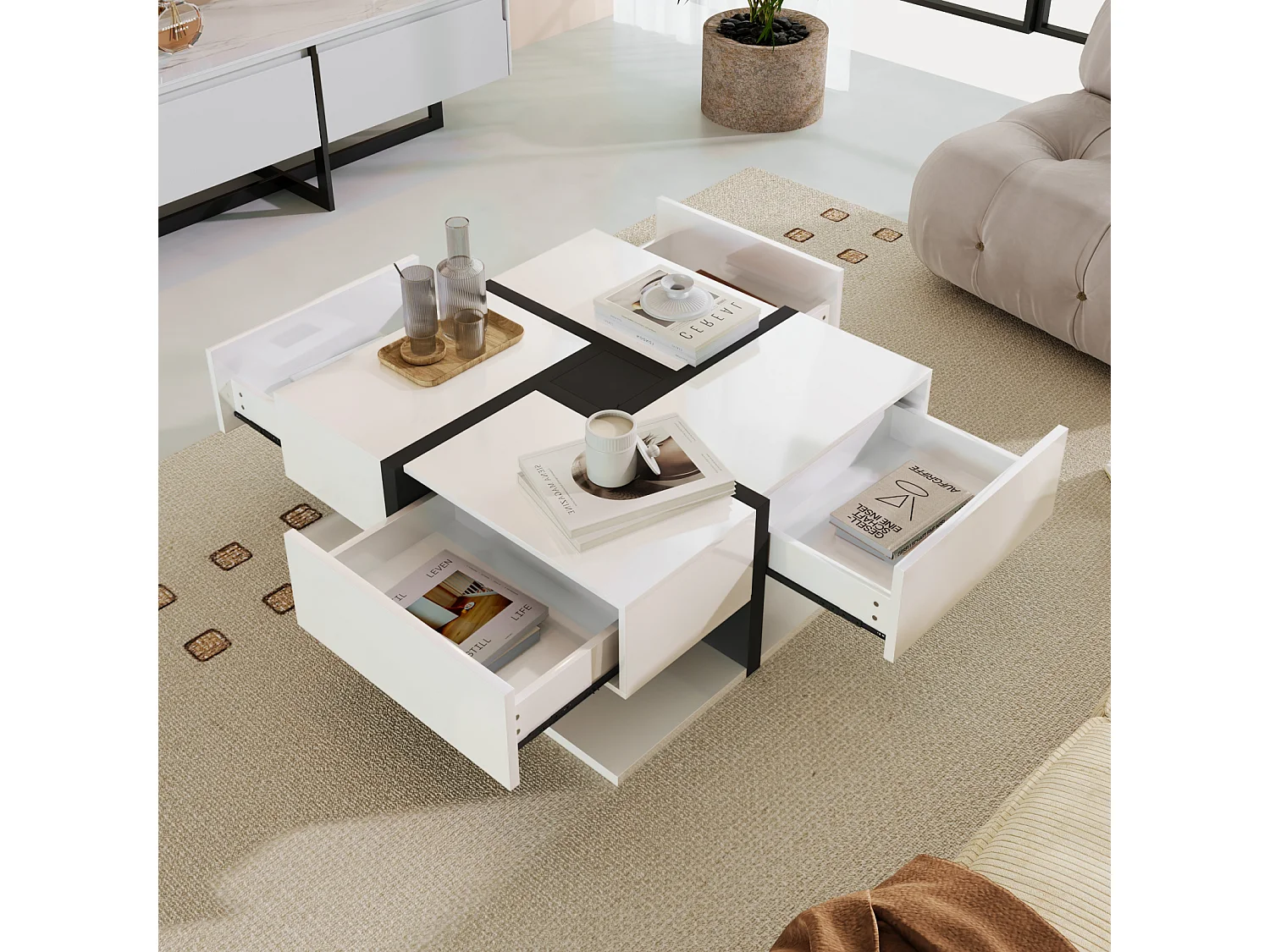 Tavolino da caffè lucido con 4 cassetti, coordinazione di colori unica e design lineare, spazio di archiviazione sottostante, 78 x 78 x 36 cm