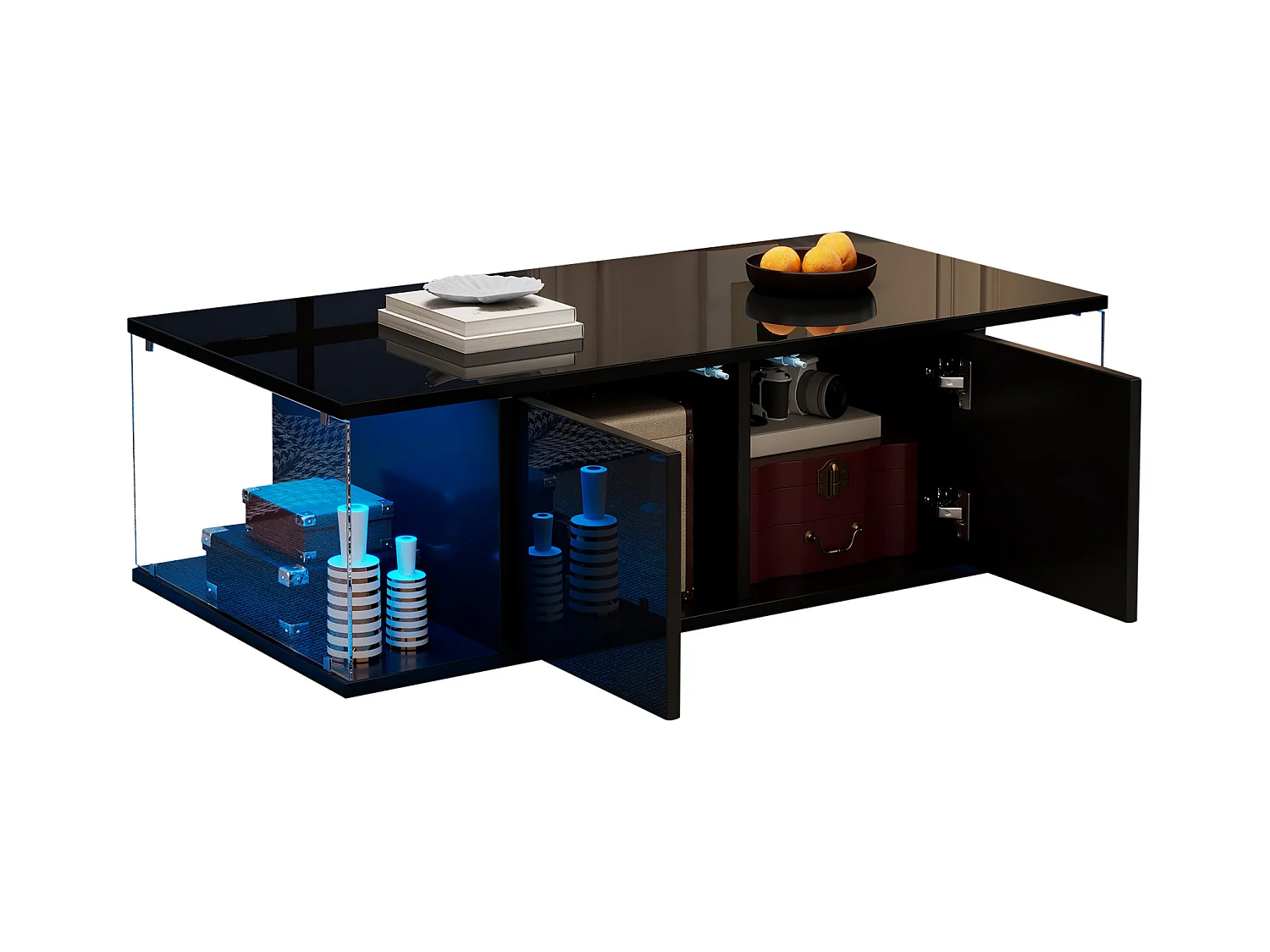 Mesa de centro preta com 2 portas e iluminação LED, vidro temperado 100x50x30cm