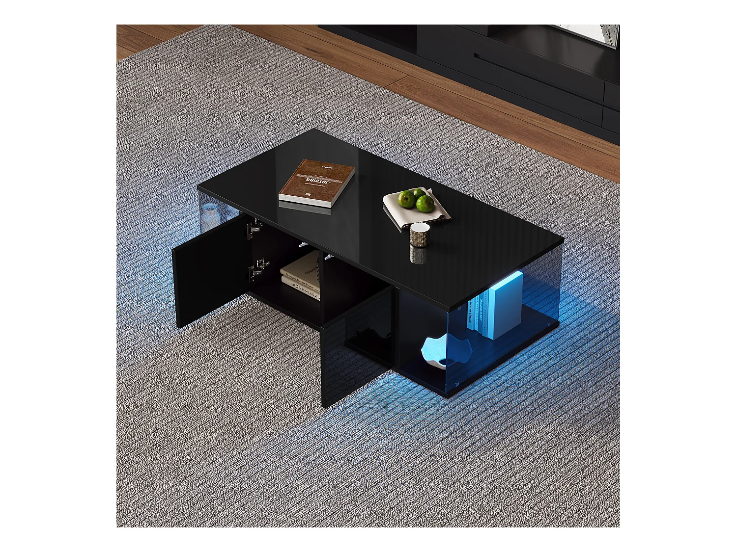 Table basse noire avec 2 portes et éclairage LED, verre trempé 100x50x30cm