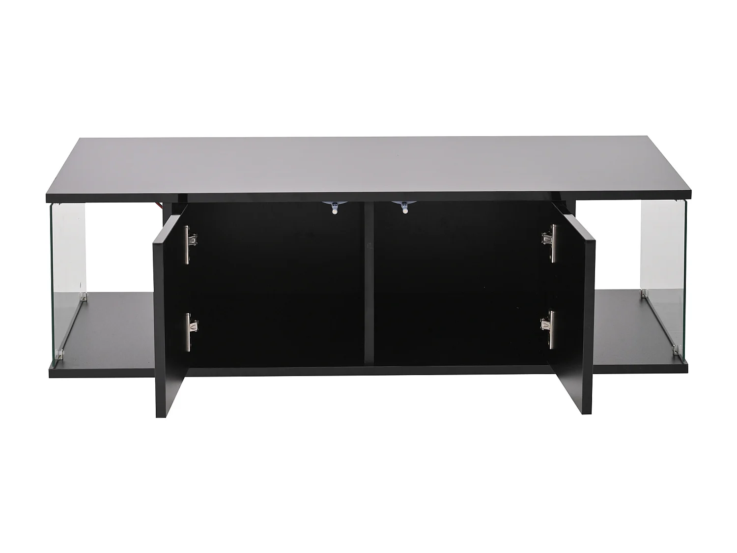 Table basse noire avec 2 portes et éclairage LED, verre trempé 100x50x30cm
