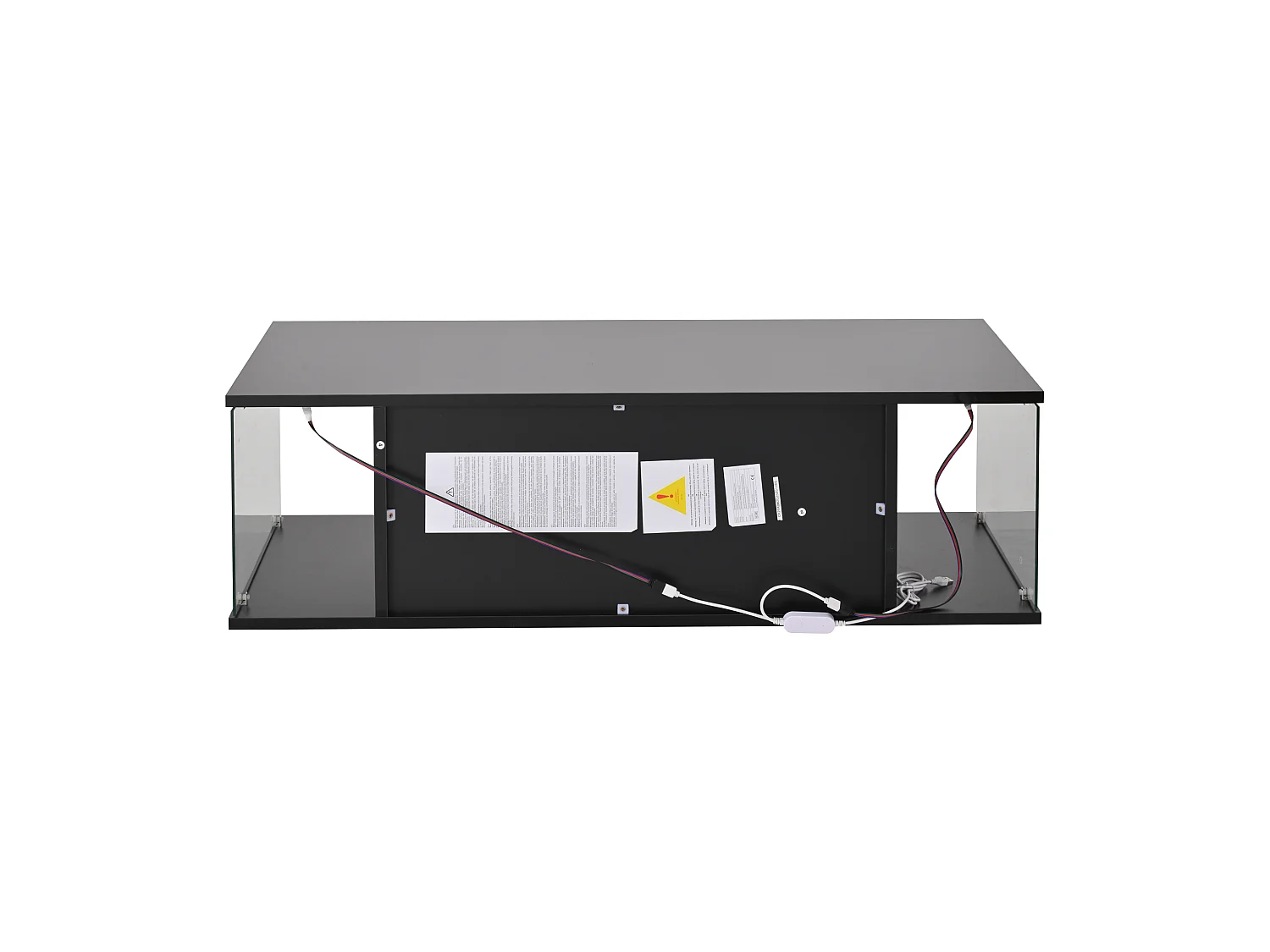 Table basse noire avec 2 portes et éclairage LED, verre trempé 100x50x30cm