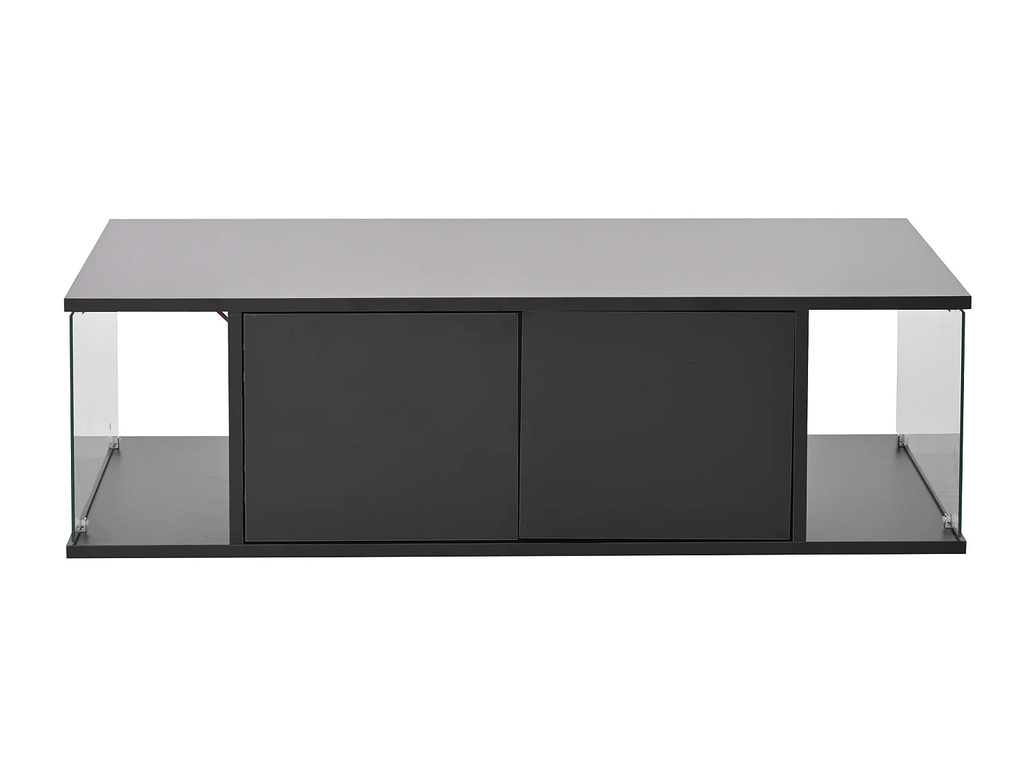 Table basse noire avec 2 portes et éclairage LED, verre trempé 100x50x30cm