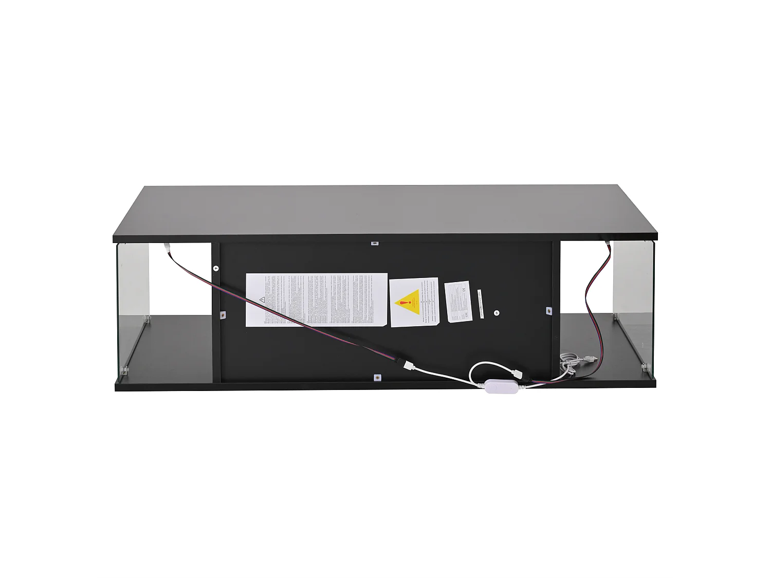 Table basse noire avec 2 portes et éclairage LED, verre trempé 100x50x30cm