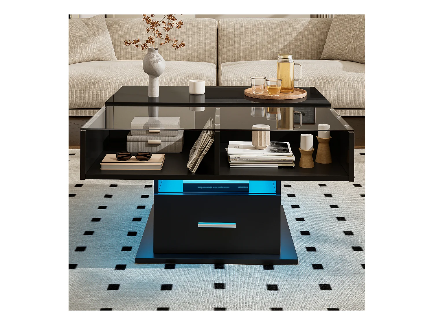 Mesa de centro elevable con almacenaje, acabado brillante y LED, altura regulable, mueble de salón moderno multifuncional también ideal para oficina, Color Negro
