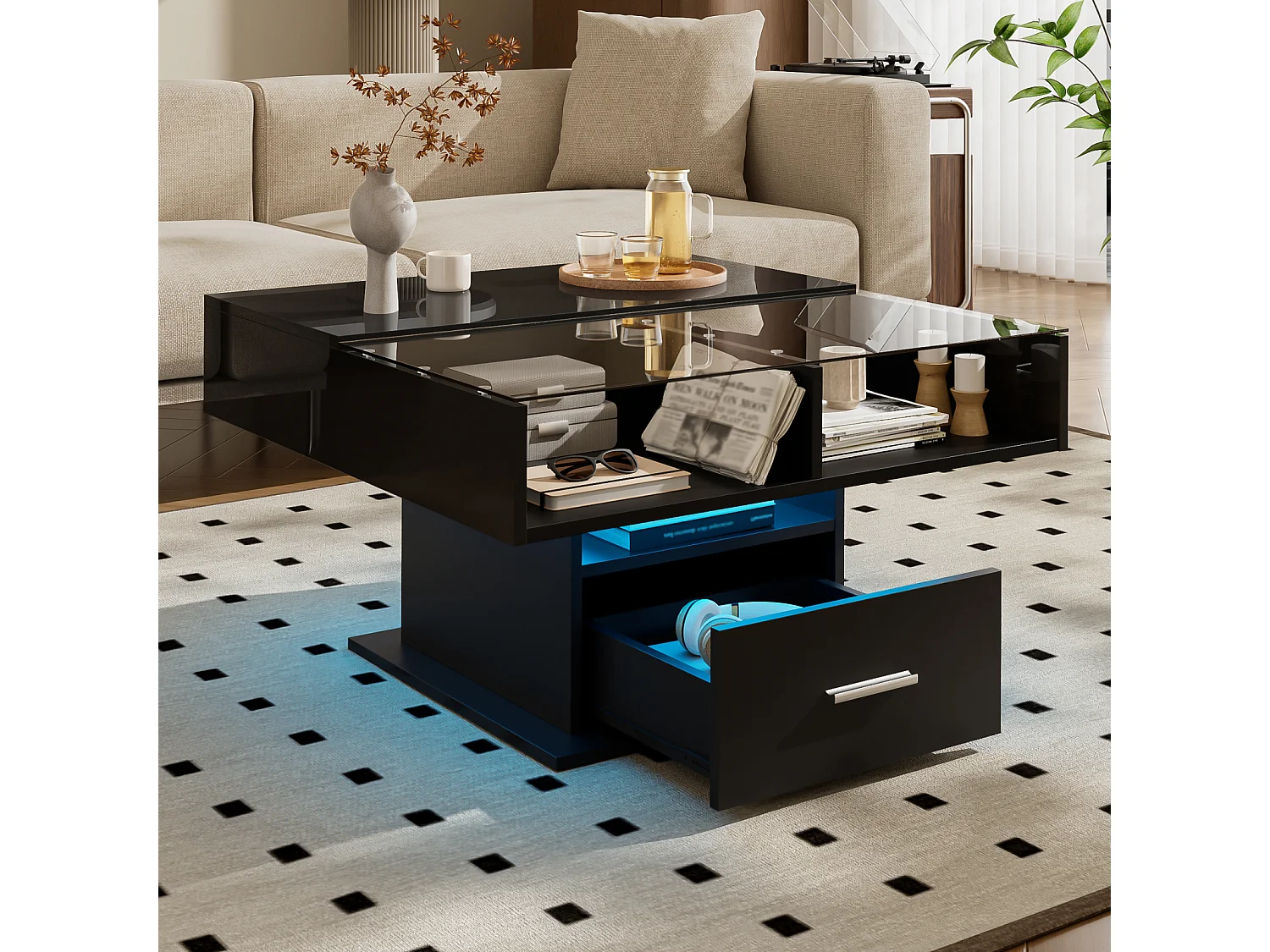 Mesa de centro elevable con almacenaje, acabado brillante y LED, altura regulable, mueble de salón moderno multifuncional también ideal para oficina, Color Negro
