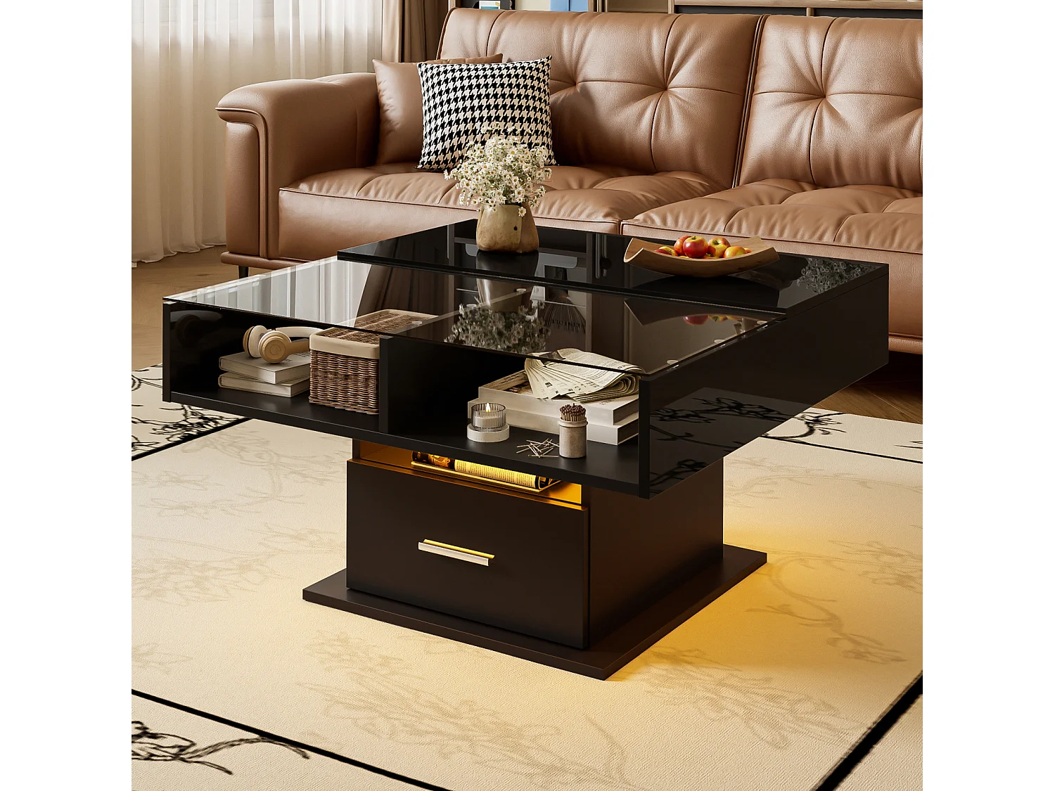 Table basse relevable avec rangement, finition brillante et LED, hauteur réglable, meuble de salon moderne multifonction idéal aussi pour bureau,Noir