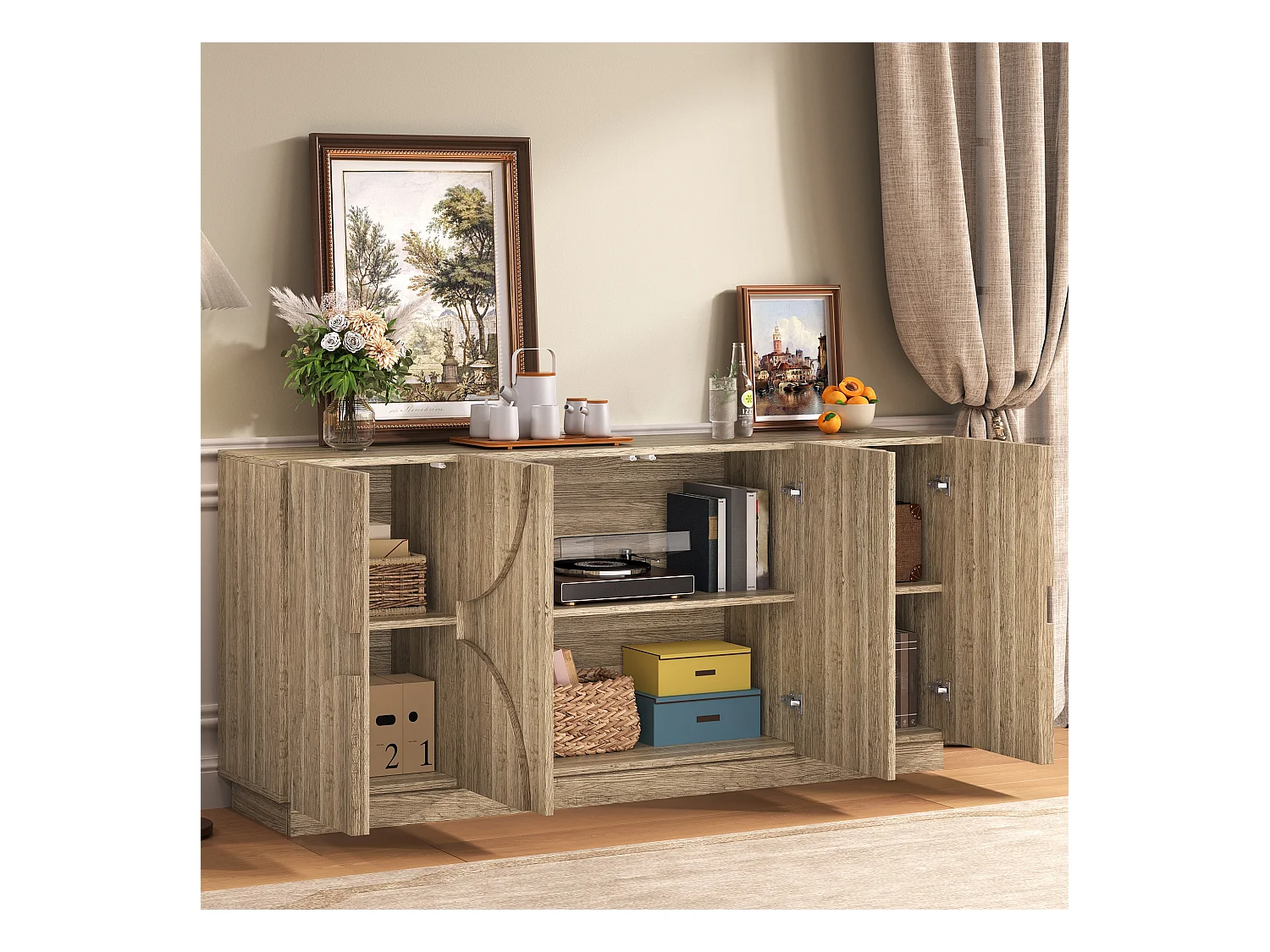 Buffet couleur naturelle avec 4 portes, design en arc symétrique 160x40x80cm