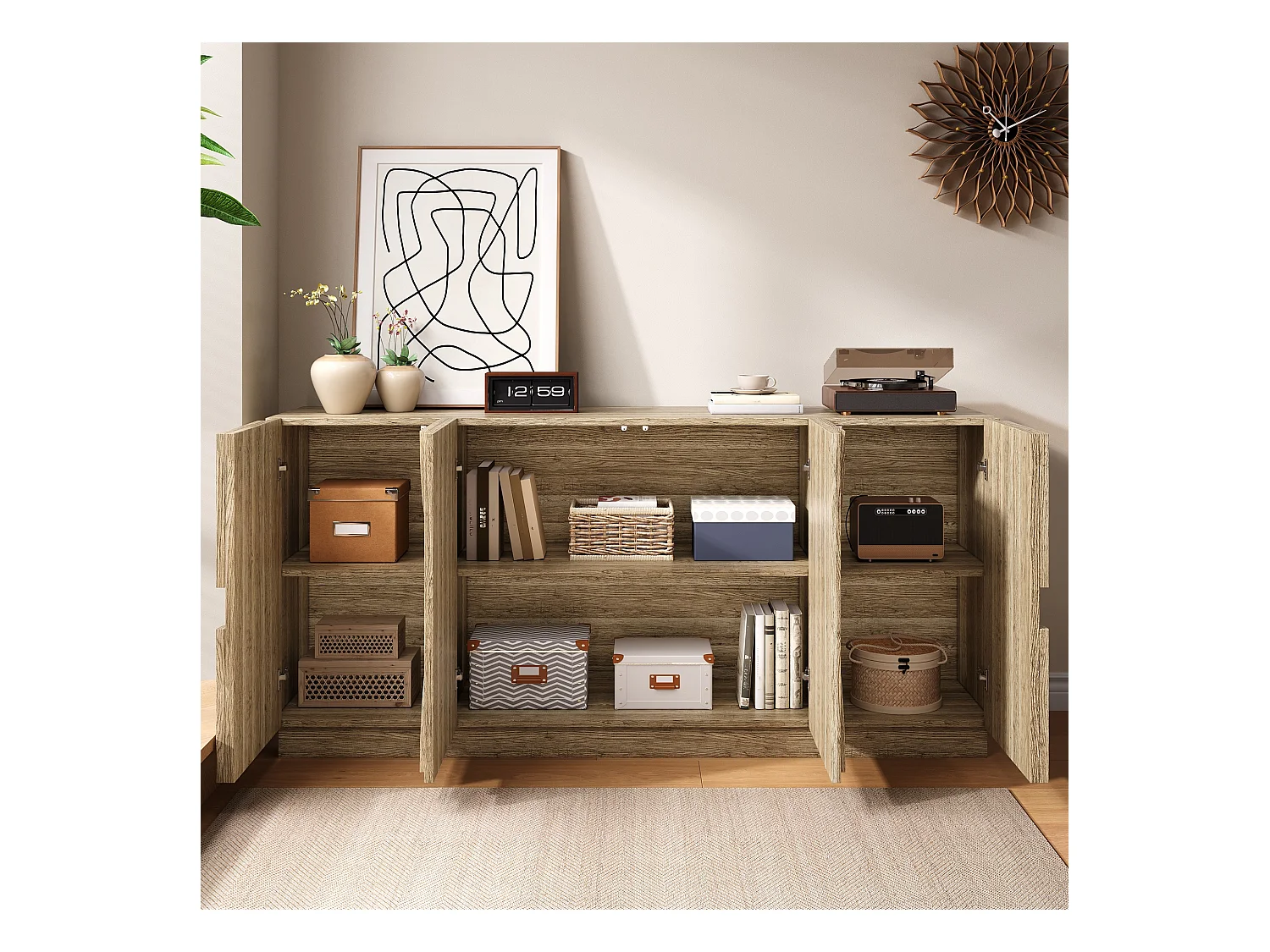 Buffet couleur naturelle avec 4 portes, design en arc symétrique 160x40x80cm
