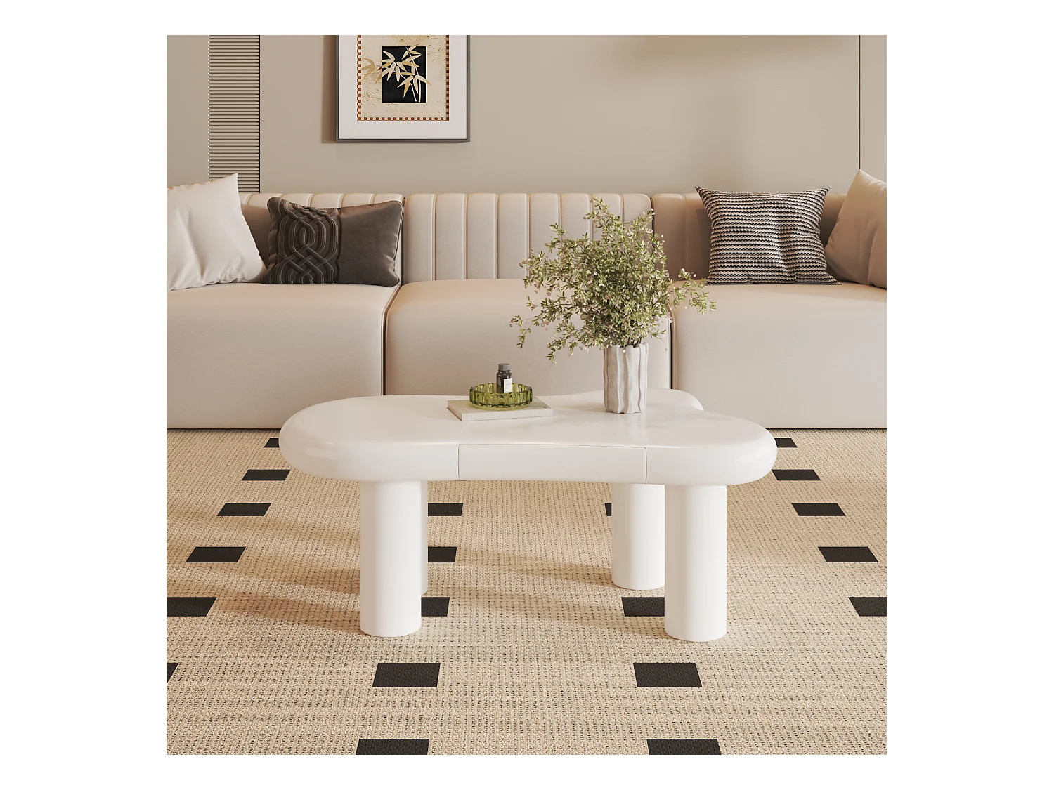 Table basse en MDF blanc en forme de nuage avec éclairage LED 16 couleurs et tiroir – Table de salon moderne avec rangement