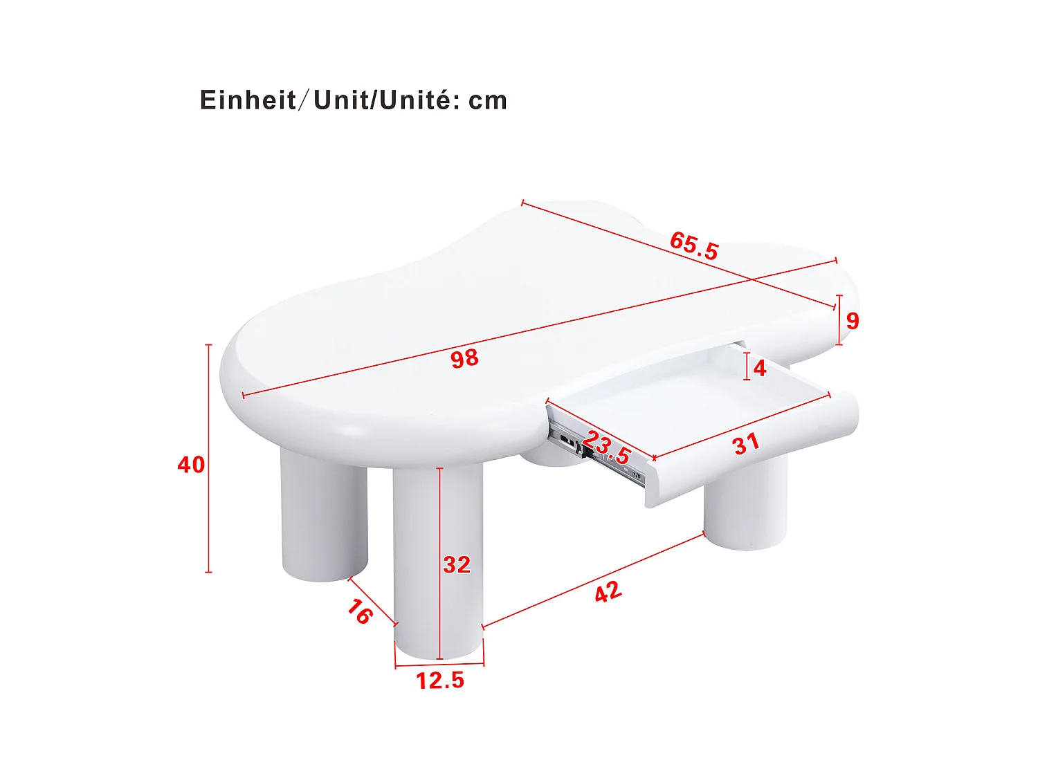 Table basse en MDF blanc en forme de nuage avec éclairage LED 16 couleurs et tiroir – Table de salon moderne avec rangement