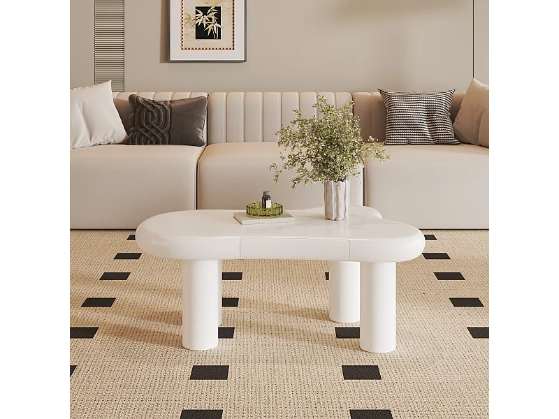 Table basse en MDF blanc en forme de nuage avec éclairage LED 16 couleurs et tiroir – Table de salon moderne avec rangement