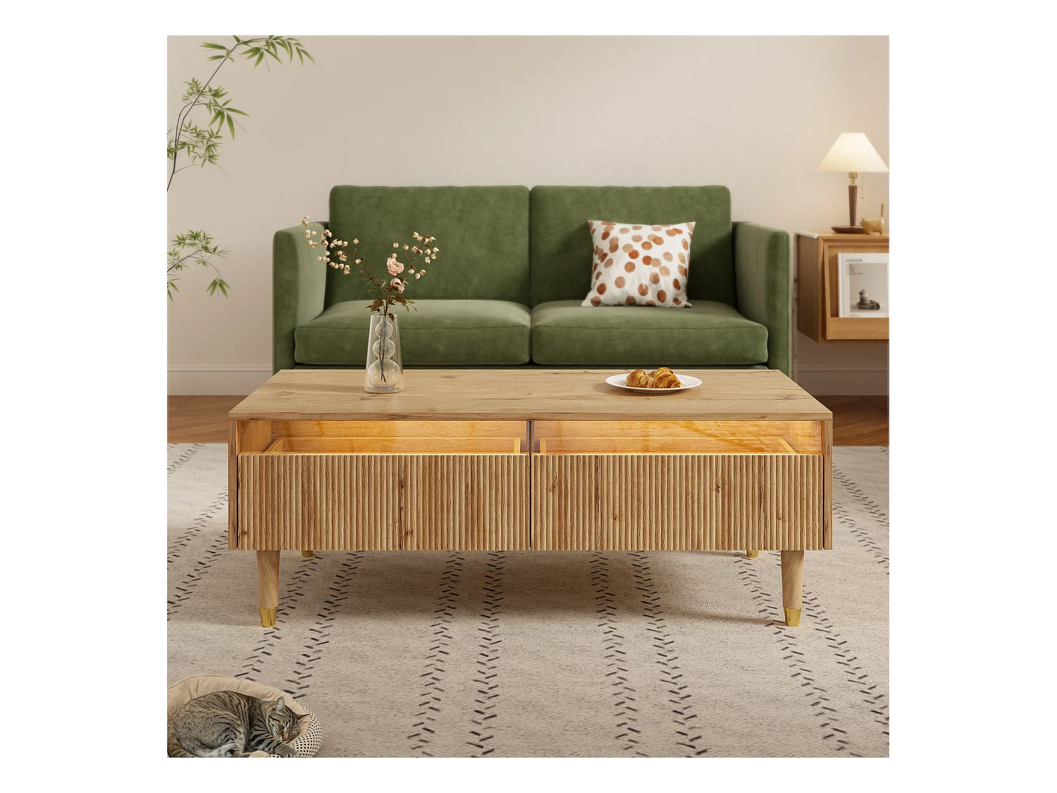 Mesa de centro cor madeira com LED, 2 gavetas, dourado e pés em madeira 110x50x40cm