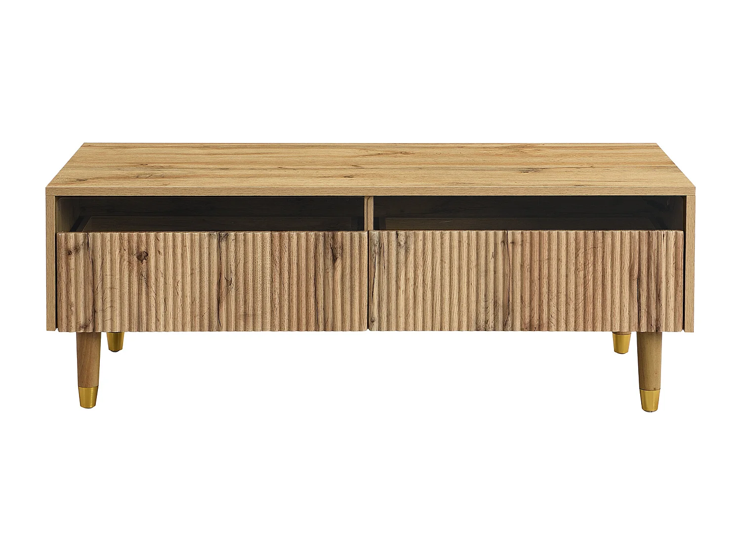 Salontafel in houtkleur met LED, 2 lades, goud en houten poten 110x50x40cm