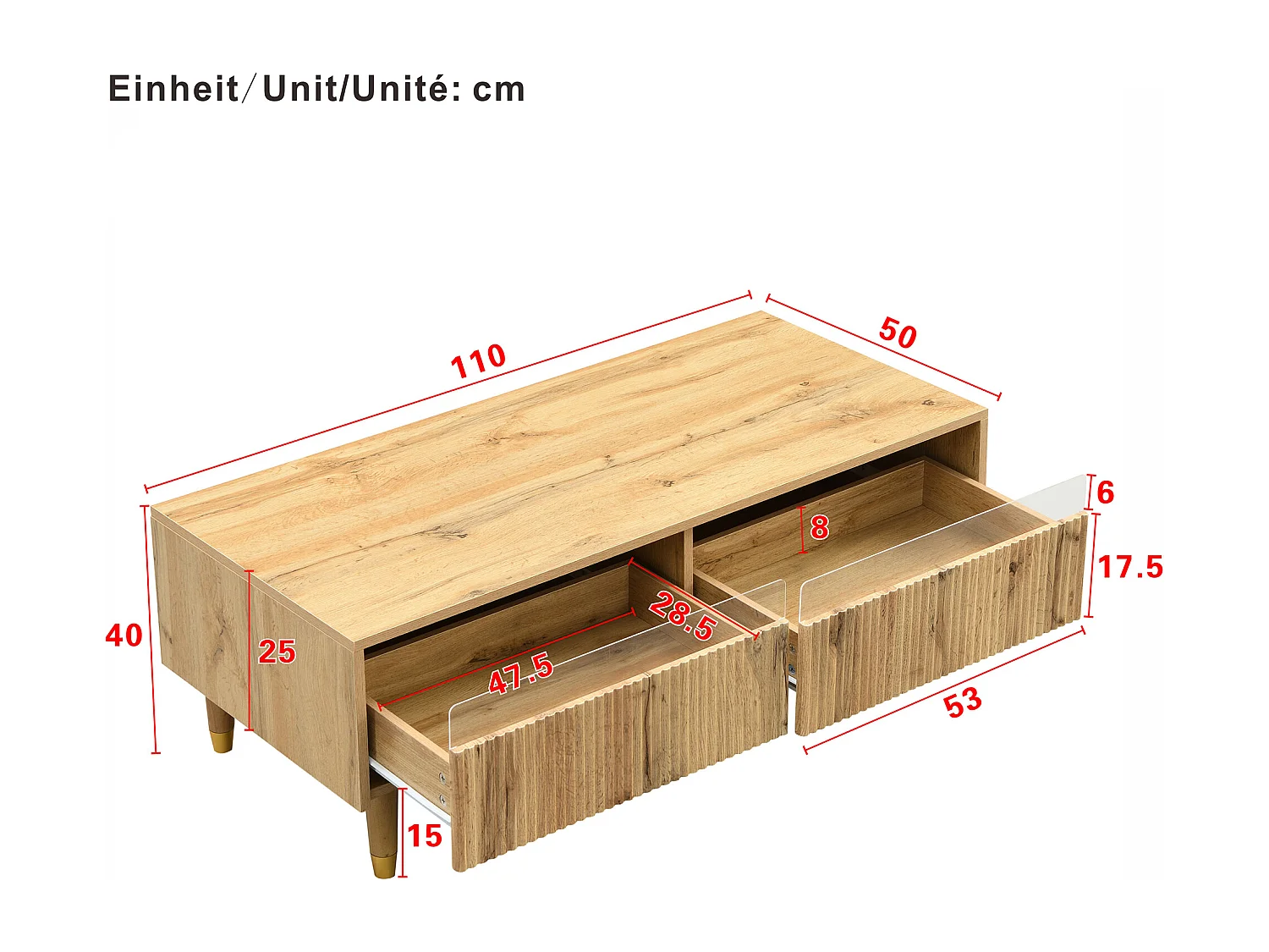 Salontafel in houtkleur met LED, 2 lades, goud en houten poten 110x50x40cm