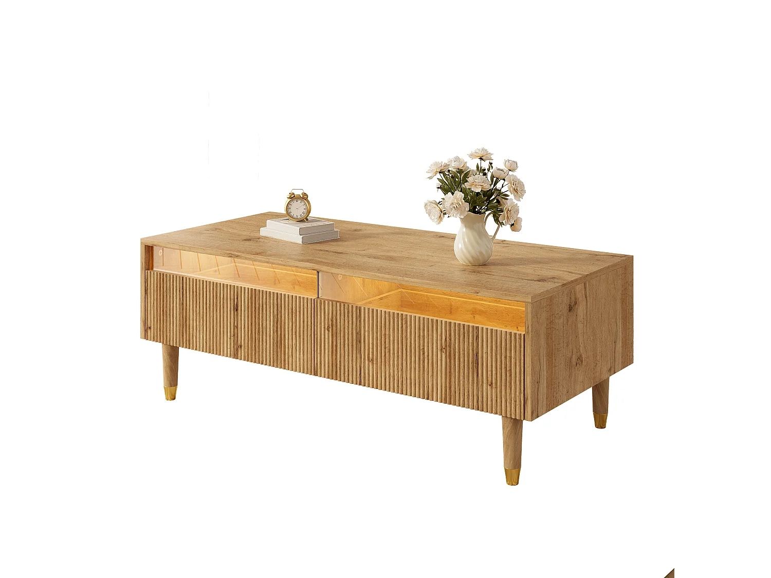 Salontafel in houtkleur met LED, 2 lades, goud en houten poten 110x50x40cm