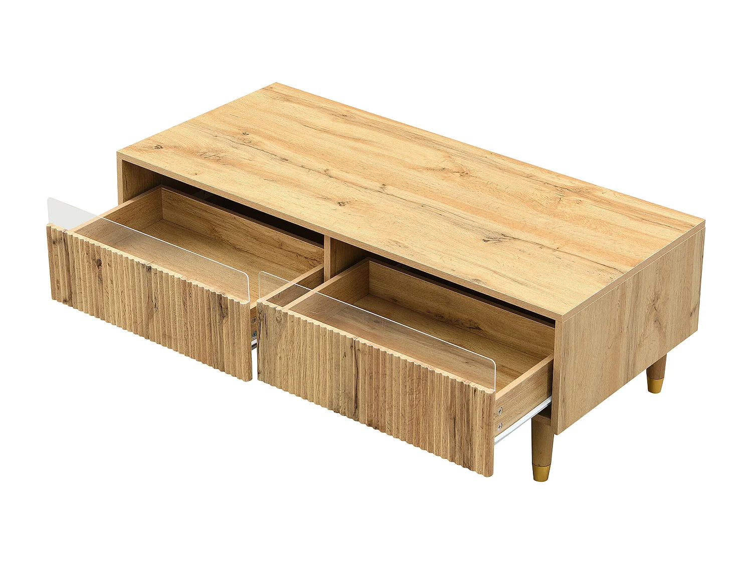 Salontafel in houtkleur met LED, 2 lades, goud en houten poten 110x50x40cm