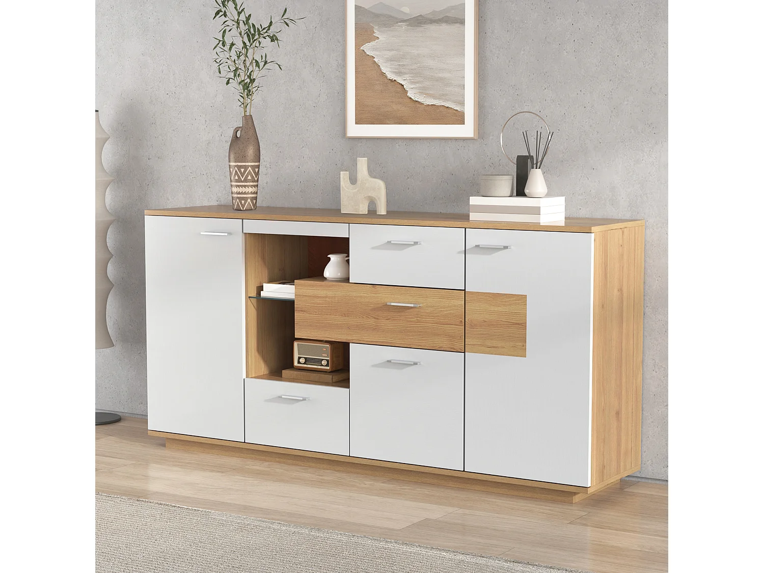 Buffet moderne avec rangement 160 x 40 x 77 cm, LED, portes et tiroirs, en MDF, naturel foncé et blanc