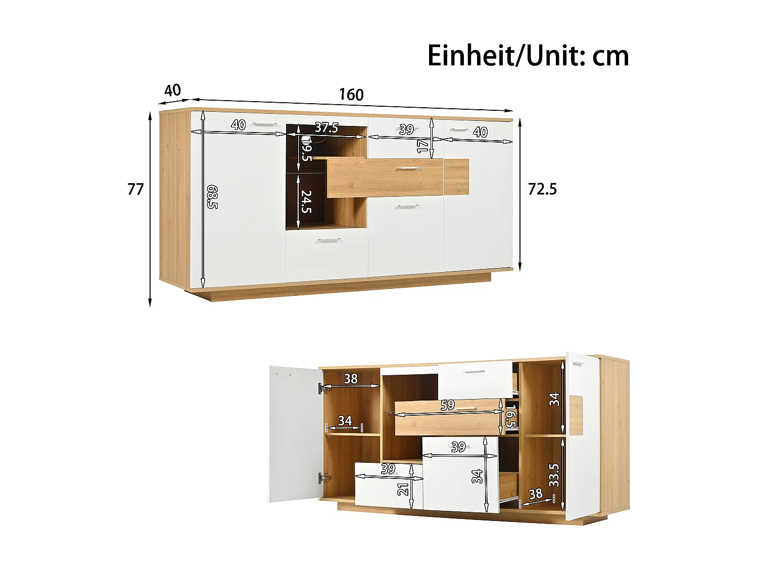 Buffet moderne avec rangement 160 x 40 x 77 cm, LED, portes et tiroirs, en MDF, naturel foncé et blanc