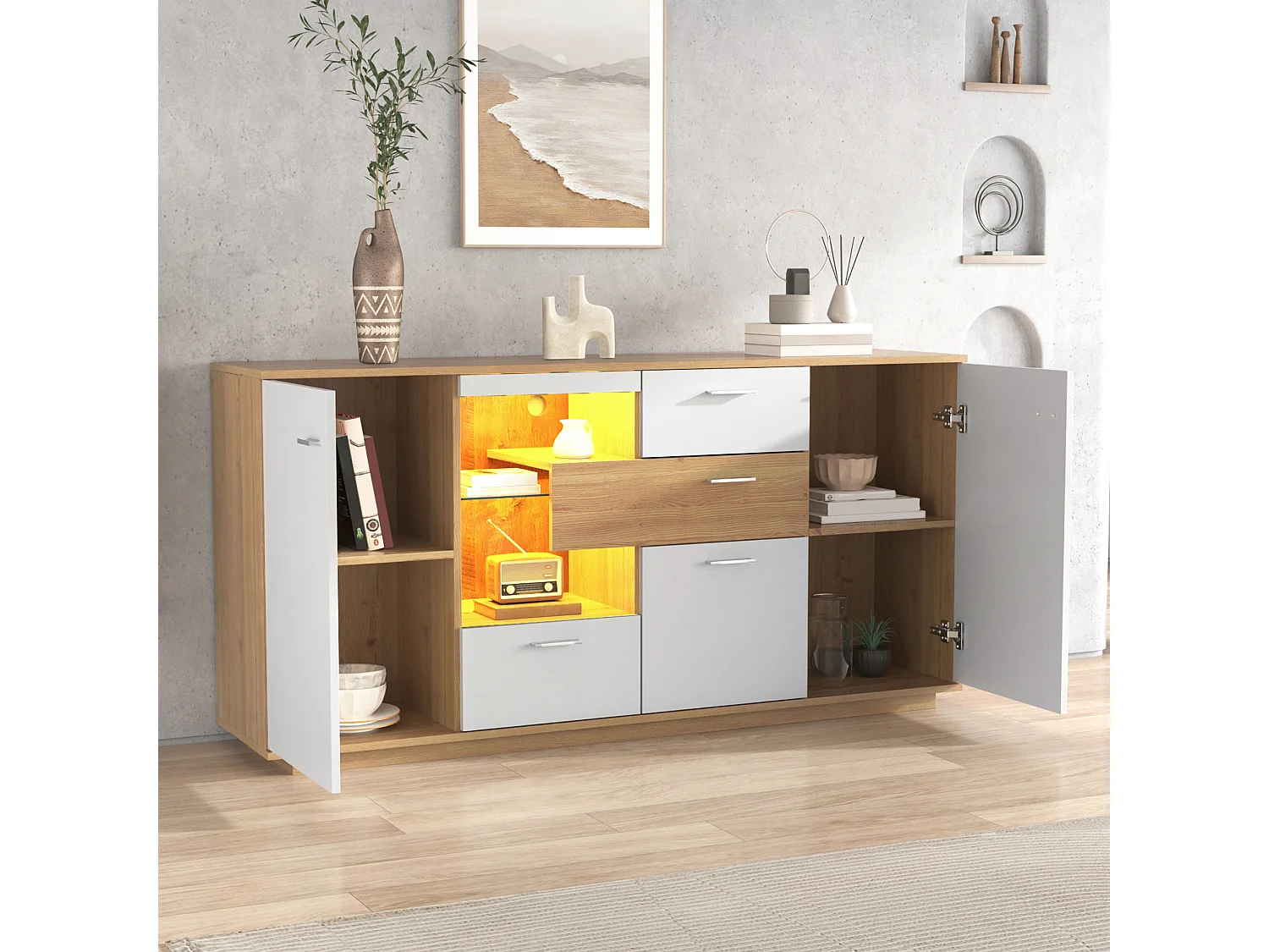 Buffet moderne avec rangement 160 x 40 x 77 cm, LED, portes et tiroirs, en MDF, naturel foncé et blanc