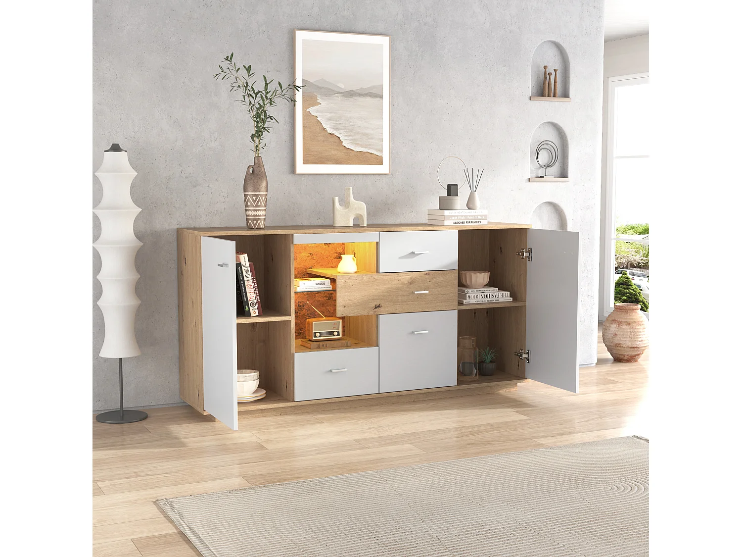 Dressoirs 160x40x77 cm - Functioneel Sideboard Met LED - Praktisch En Stijlvol - Buffetkast - Voor Diverse Ruimtes - Spaanplaat - Natuurlijk