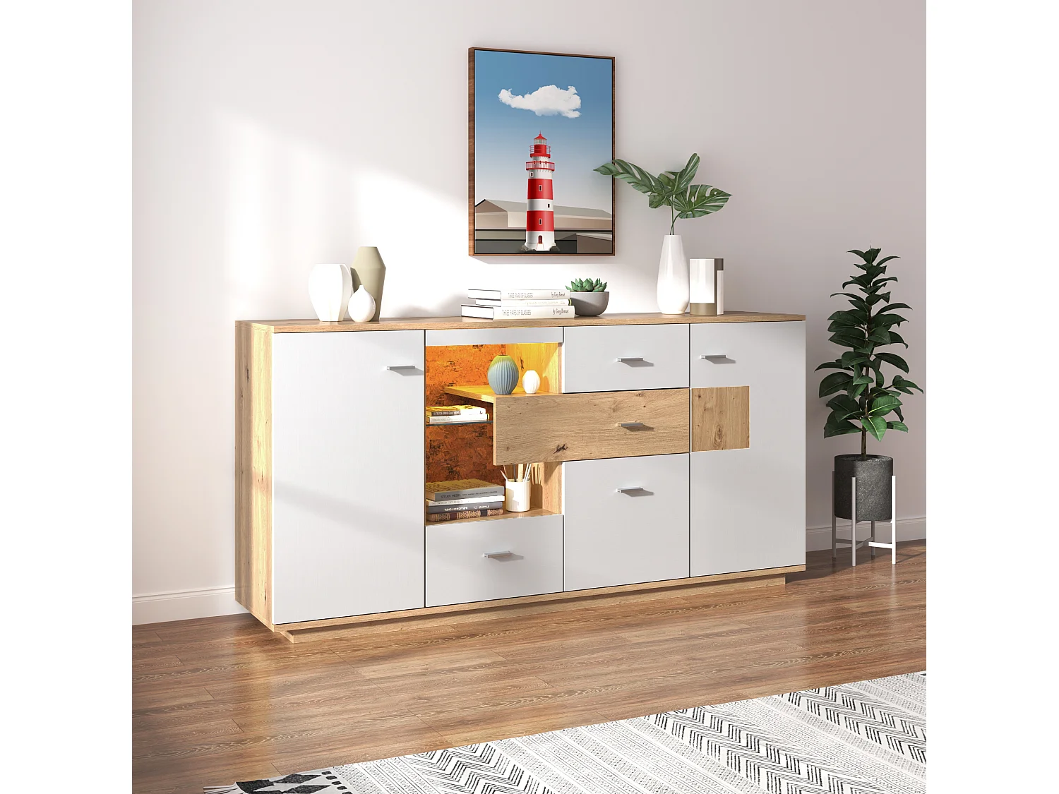 Dressoirs 160x40x77 cm - Functioneel Sideboard Met LED - Praktisch En Stijlvol - Buffetkast - Voor Diverse Ruimtes - Spaanplaat - Natuurlijk