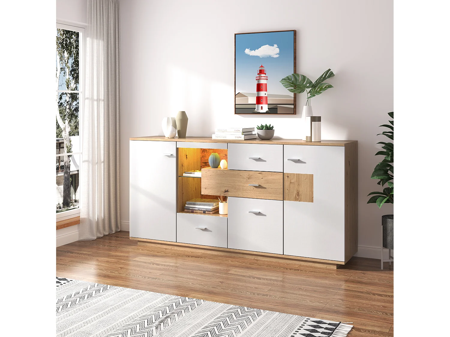 Dressoirs 160x40x77 cm - Functioneel Sideboard Met LED - Praktisch En Stijlvol - Buffetkast - Voor Diverse Ruimtes - Spaanplaat - Natuurlijk