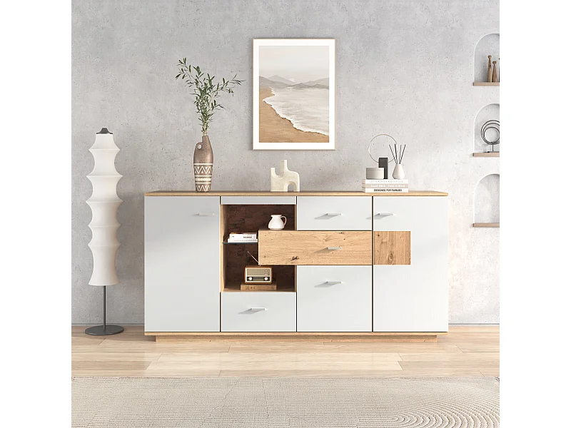 Buffet Bas - 2 Portes - 4 Tiroirs - Éclairage LED 16 Couleurs Intégré - Design Bois et Blanc Moderne - 160 x 40 x 77 cm En MDF - Naturel+Blanc
