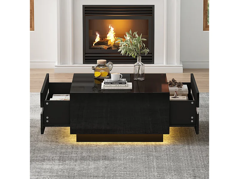 Table basse carrée noire avec 2 tiroirs et éclairage LED, plateau en verre trempé