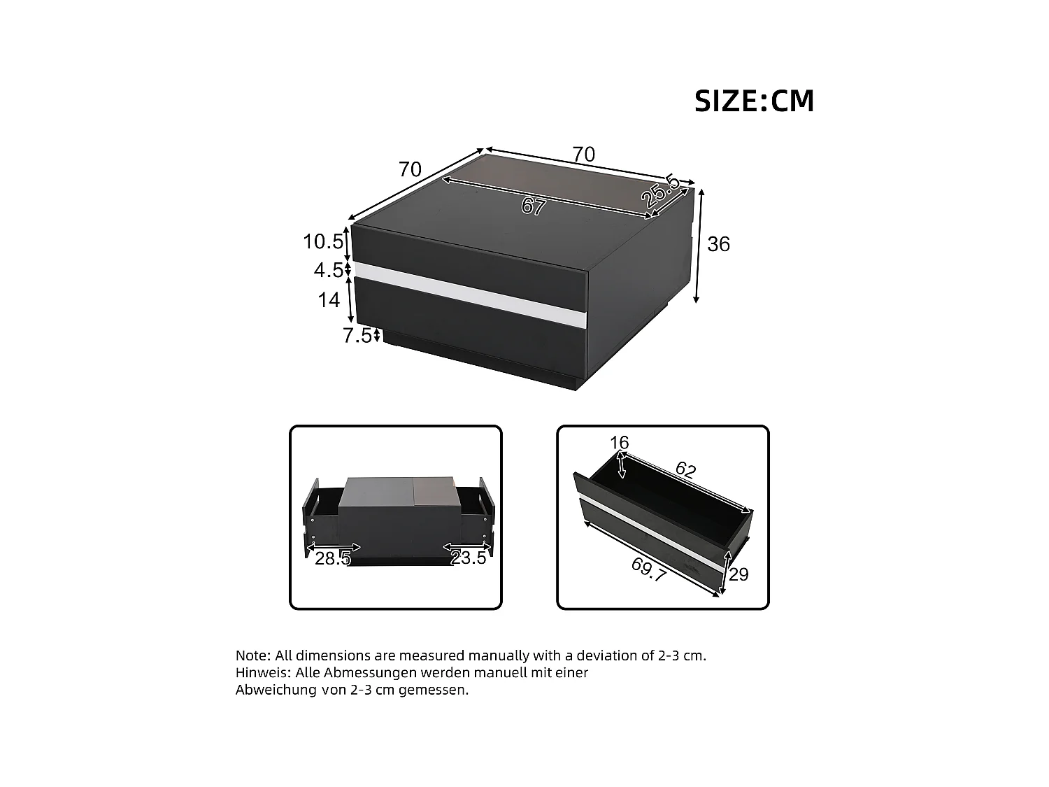 Table basse carrée noire avec 2 tiroirs et éclairage LED, plateau en verre trempé