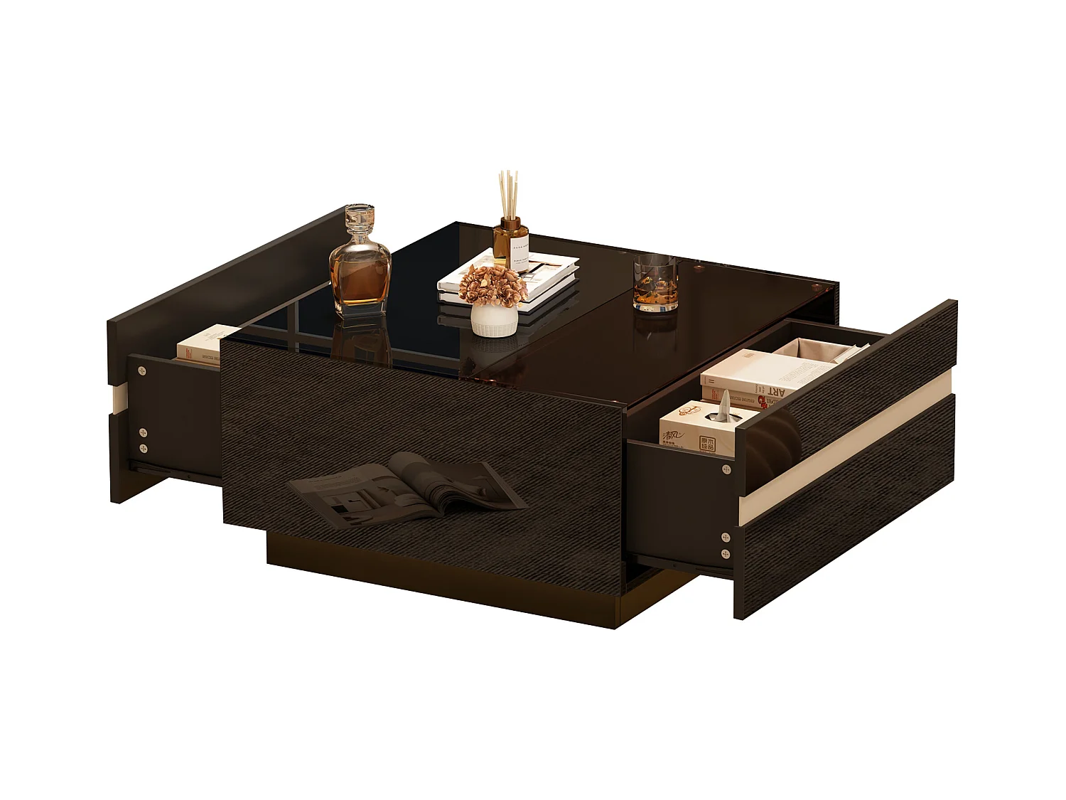 Table basse carrée noire avec 2 tiroirs et éclairage LED, plateau en verre trempé