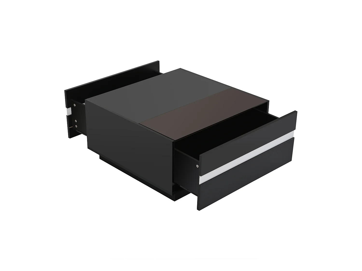 Table basse carrée noire avec 2 tiroirs et éclairage LED, plateau en verre trempé