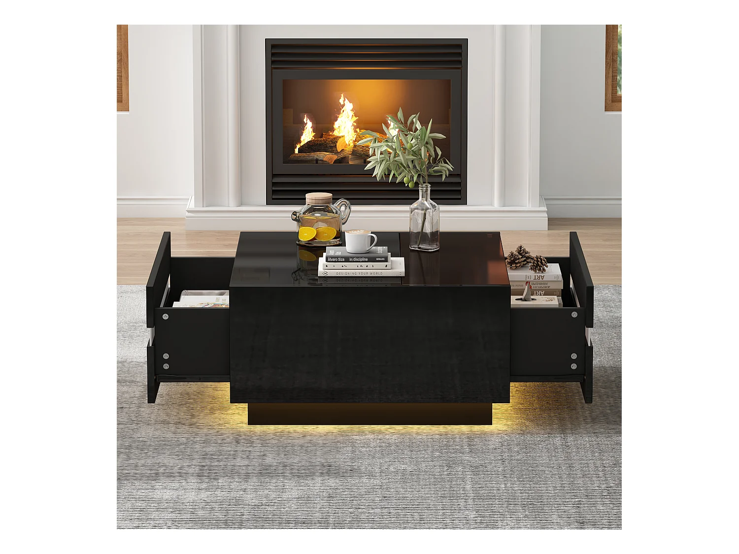 Table basse carrée noire avec 2 tiroirs et éclairage LED, plateau en verre trempé