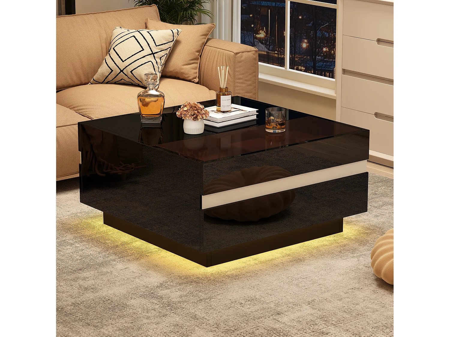Table basse carrée noire avec 2 tiroirs et éclairage LED, plateau en verre trempé