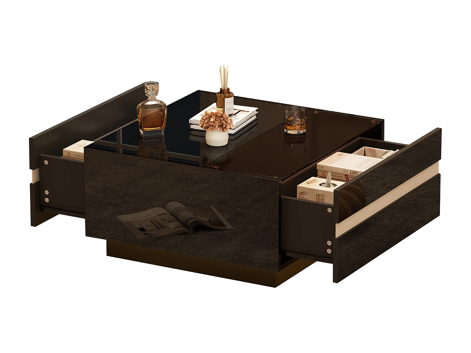 Table basse carrée noire avec 2 tiroirs et éclairage LED, plateau en verre trempé