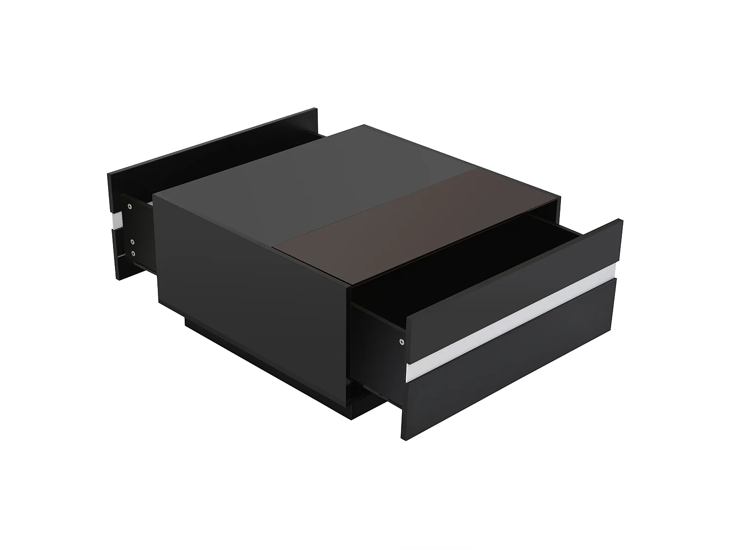 Table basse carrée noire avec 2 tiroirs et éclairage LED, plateau en verre trempé