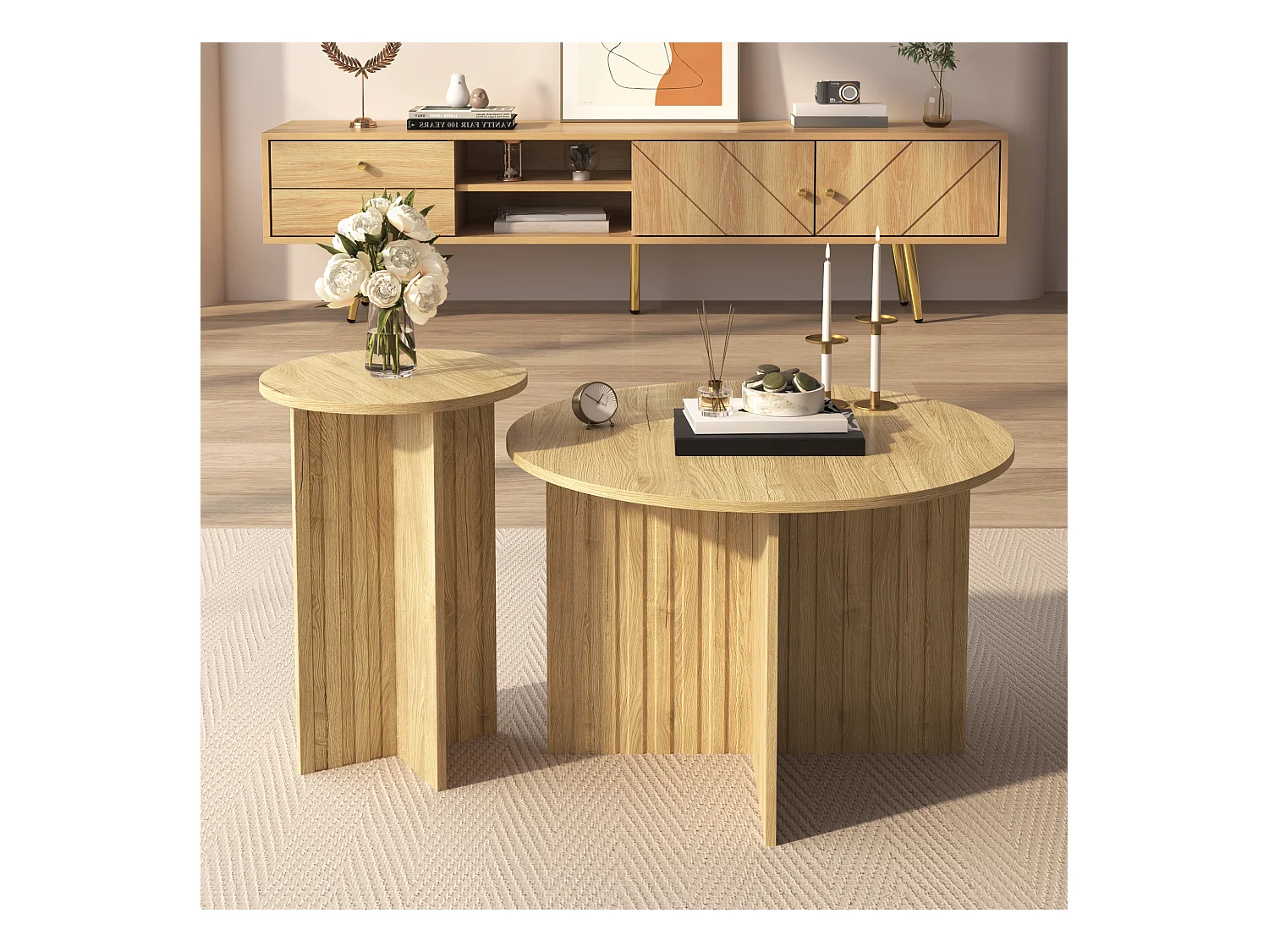 Ensemble de 2 tables gigognes rondes en bois, style scandinave moderne, peu encombrantes et polyvalentes, tables basses robustes en MDF/PB