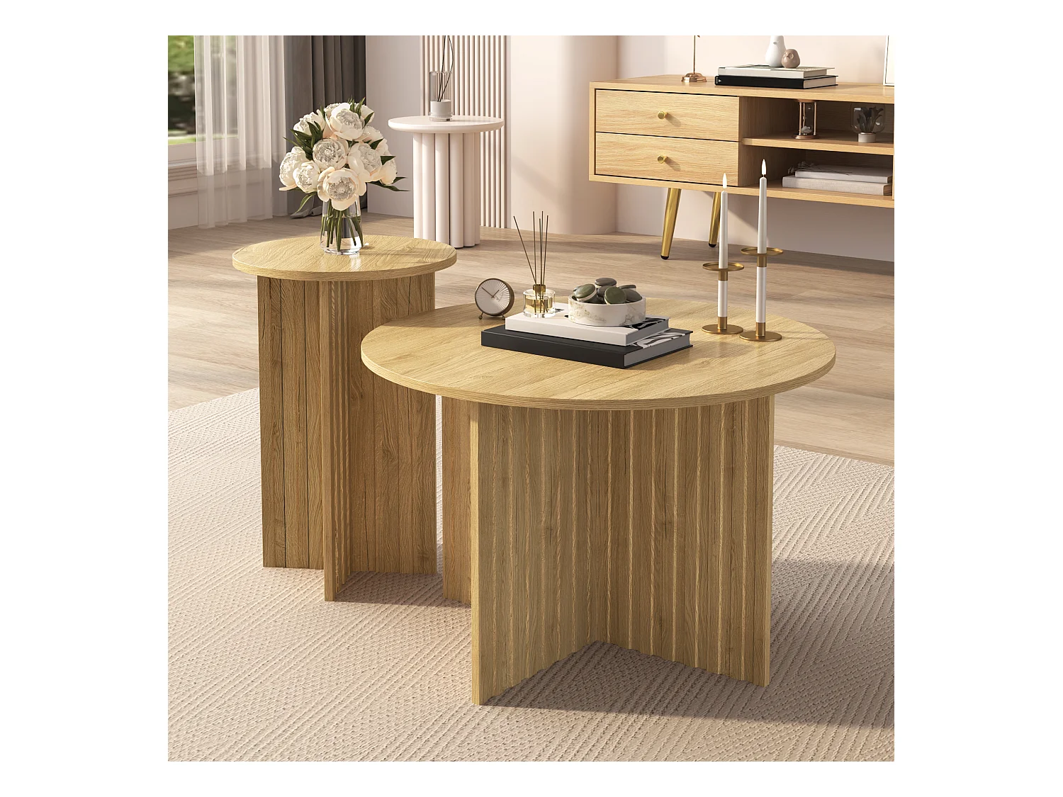 Ensemble de 2 tables gigognes rondes en bois, style scandinave moderne, peu encombrantes et polyvalentes, tables basses robustes en MDF/PB