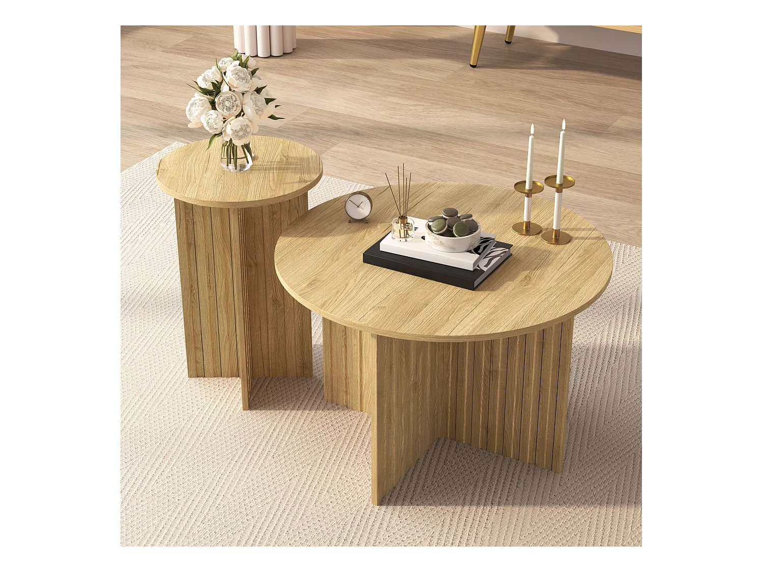 Ensemble de 2 tables gigognes rondes en bois, style scandinave moderne, peu encombrantes et polyvalentes, tables basses robustes en MDF/PB